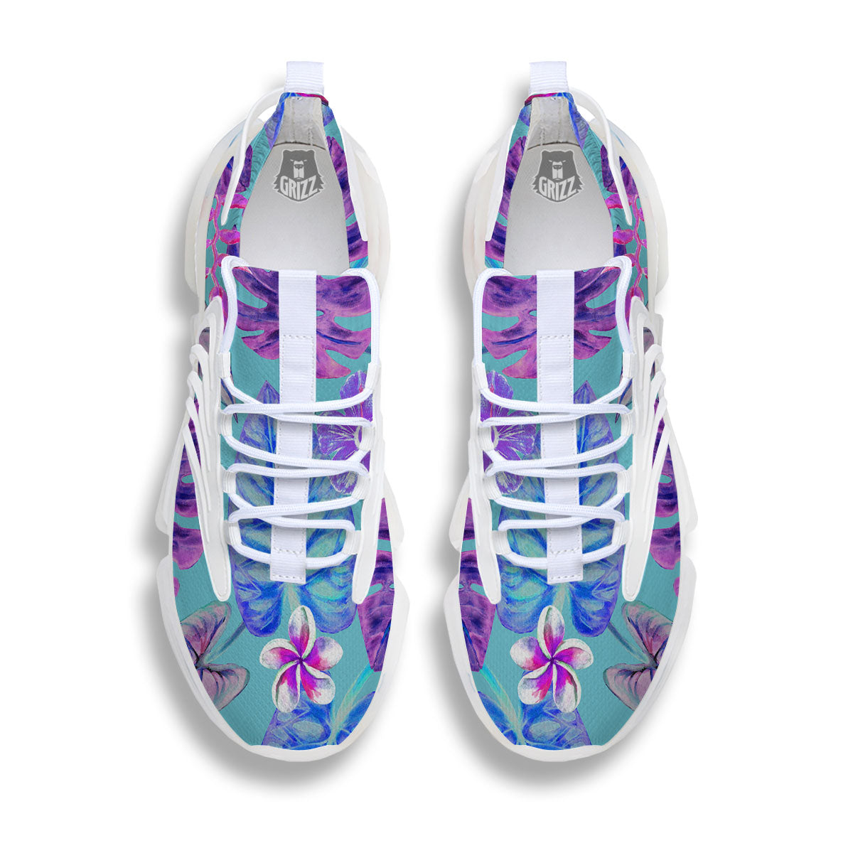 Tropical Leaf Teal And Purple Print White Gym Shoes-grizzshop