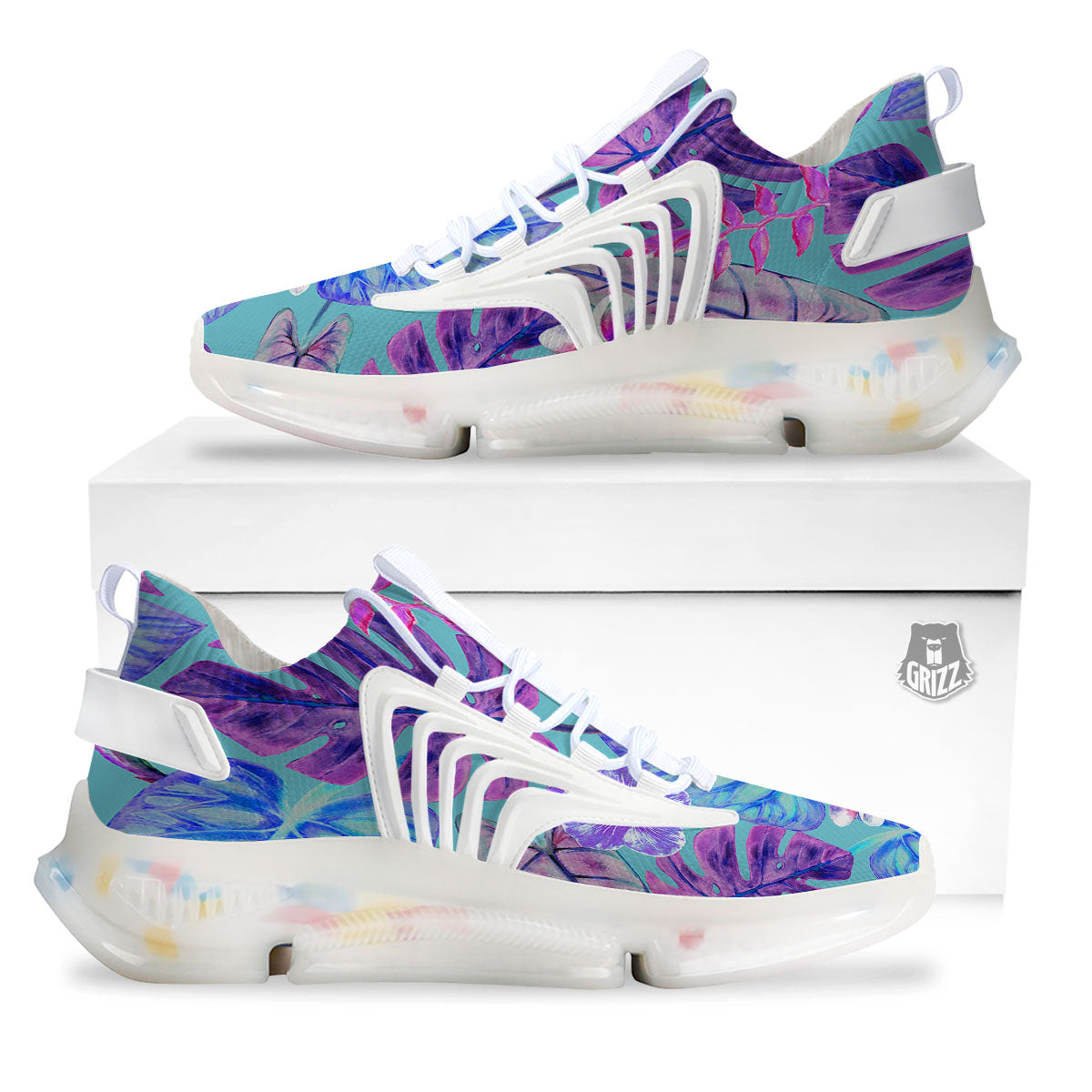 Tropical Leaf Teal And Purple Print White Gym Shoes-grizzshop
