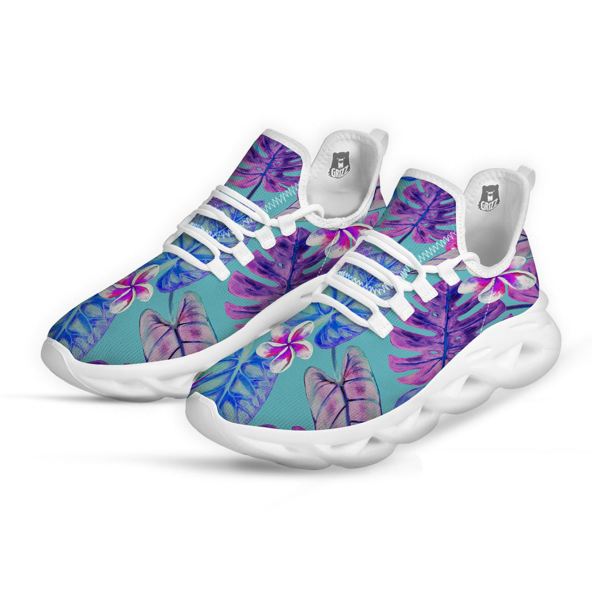 Tropical Leaf Teal And Purple Print White Running Shoes-grizzshop