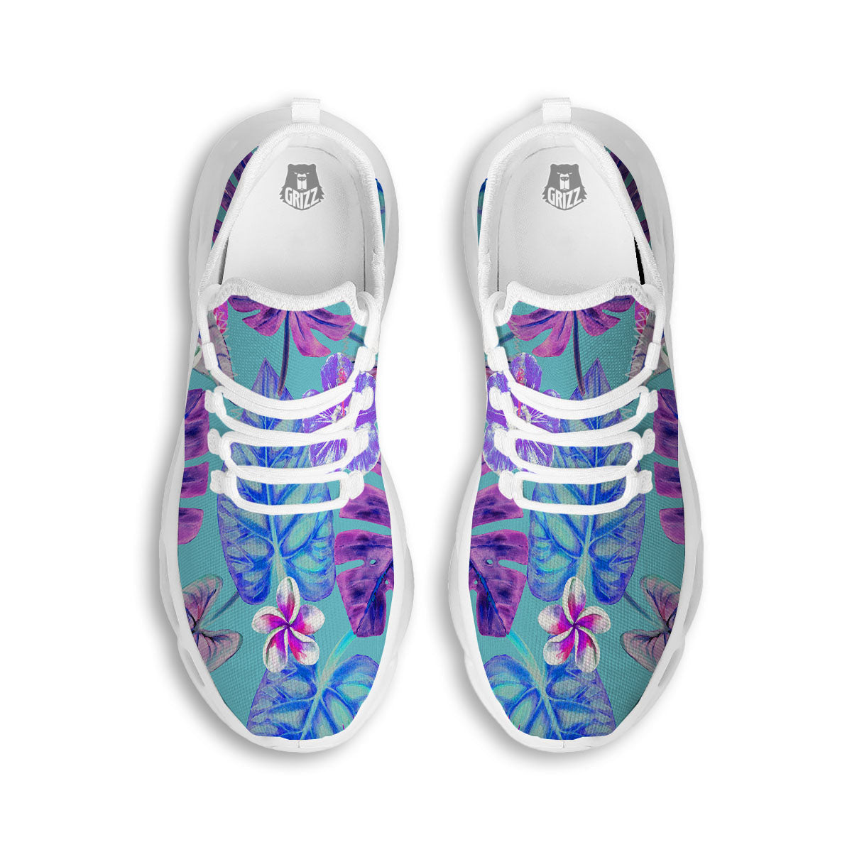 Tropical Leaf Teal And Purple Print White Running Shoes-grizzshop