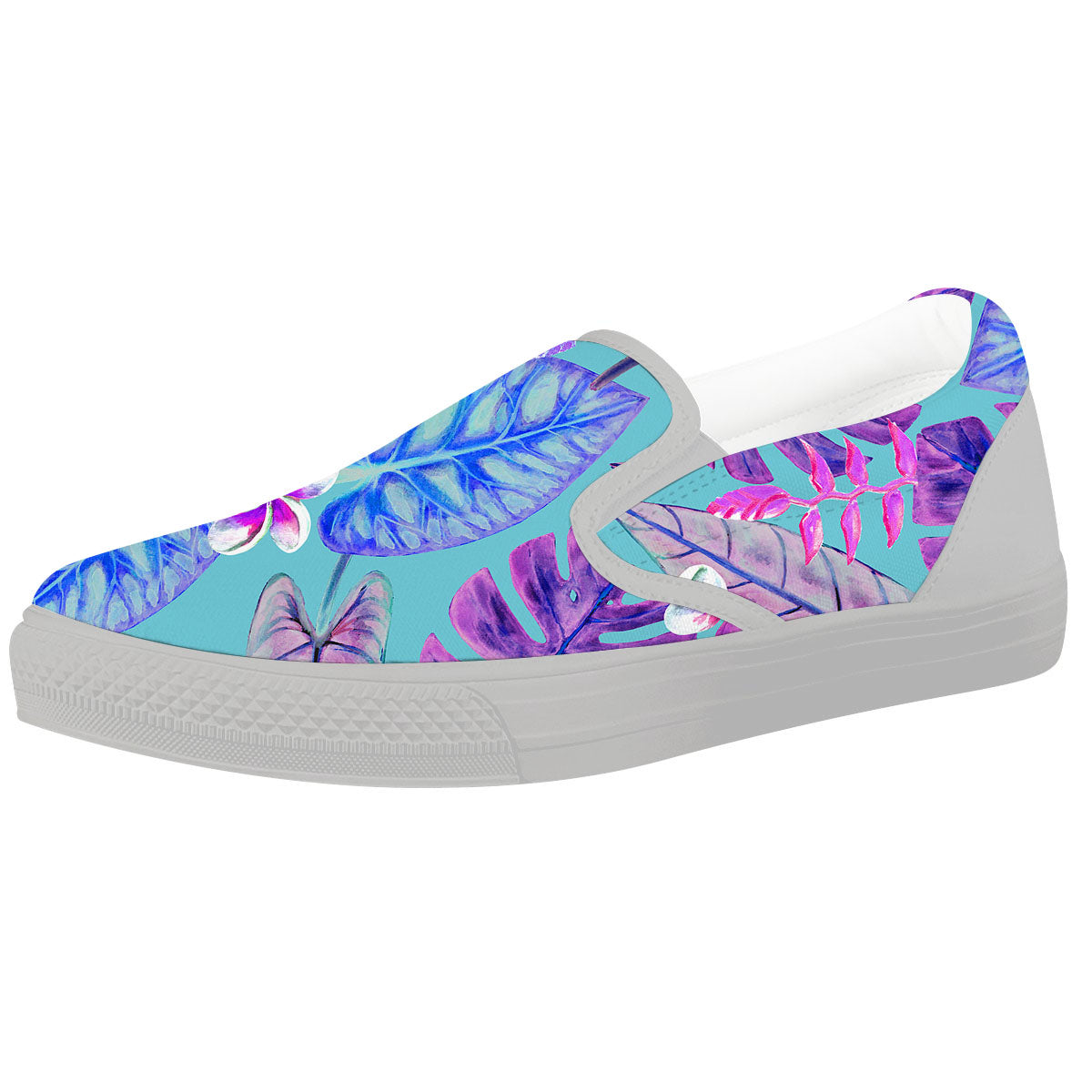 Tropical Leaf Teal And Purple Print White Slip On Shoes-grizzshop