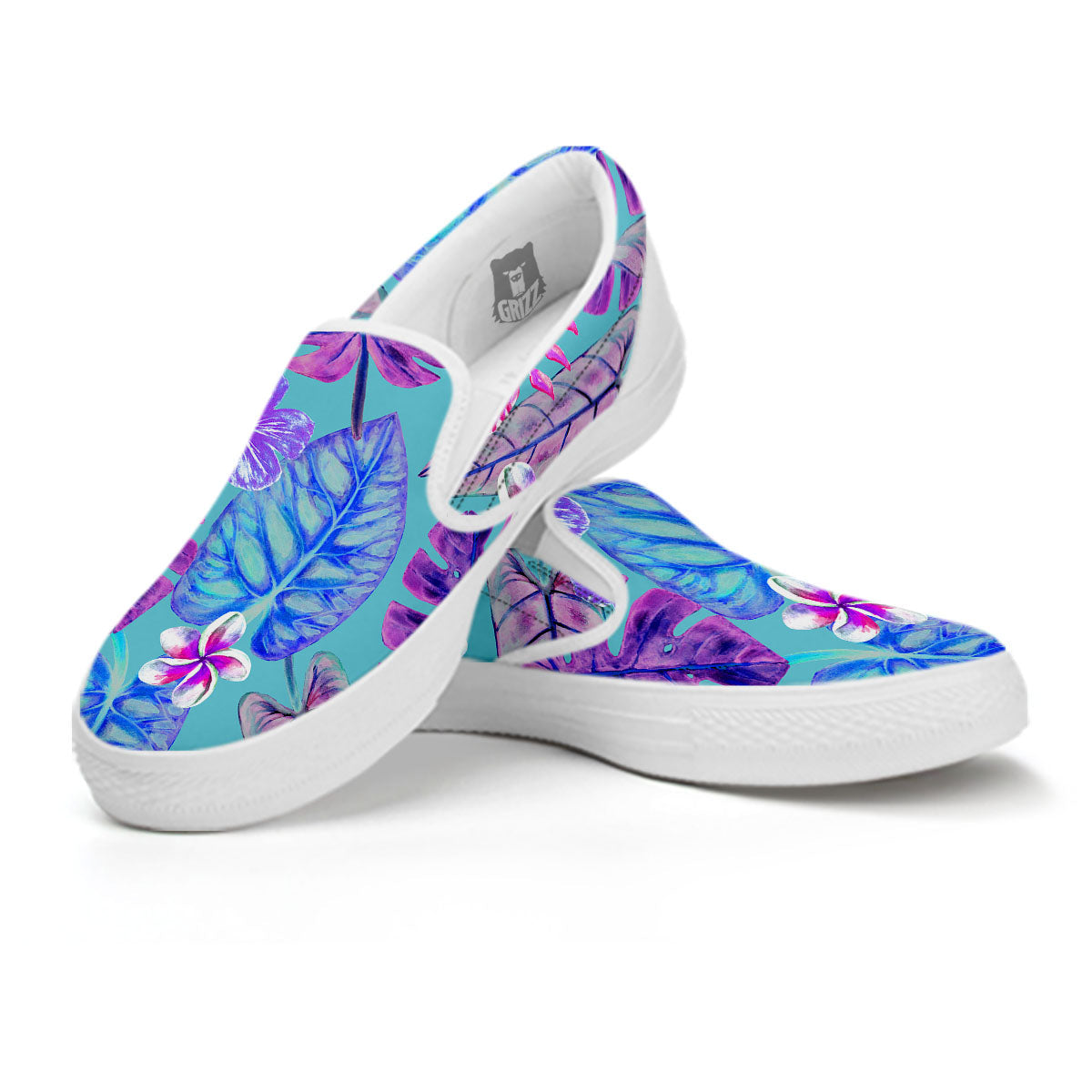 Tropical Leaf Teal And Purple Print White Slip On Shoes-grizzshop