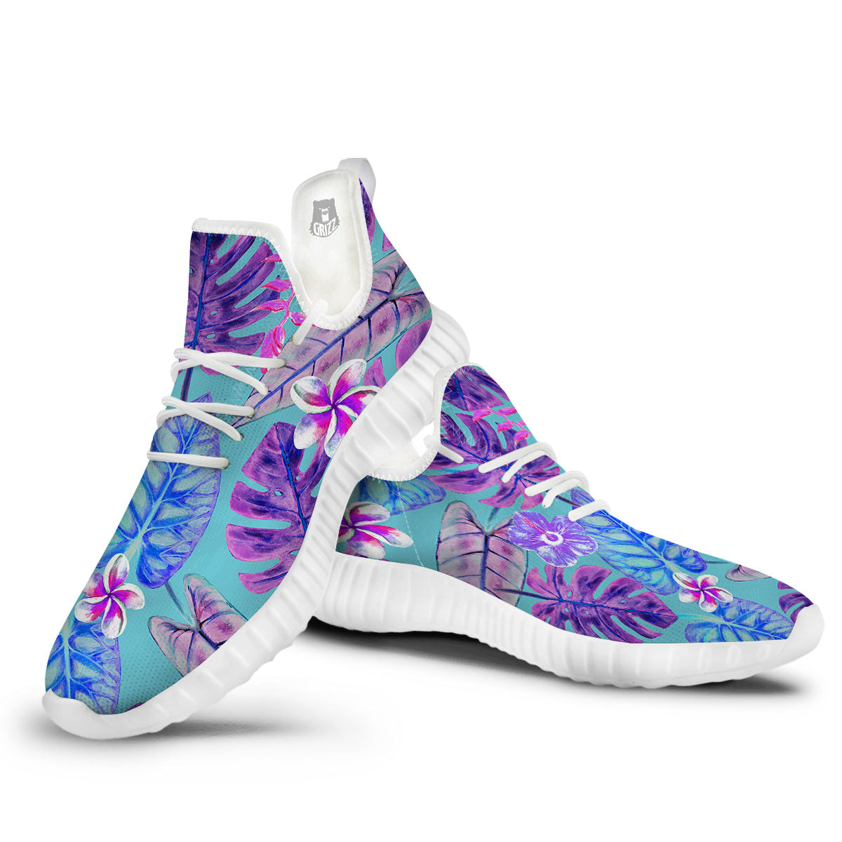 Tropical Leaf Teal And Purple Print White Walking Shoes-grizzshop