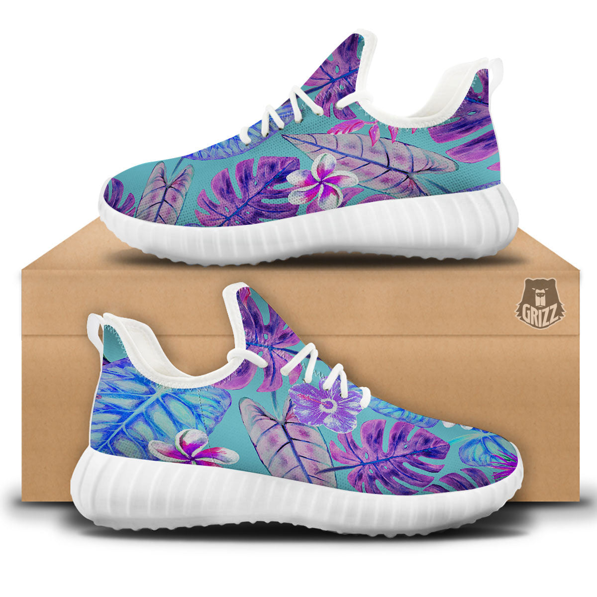 Tropical Leaf Teal And Purple Print White Walking Shoes-grizzshop