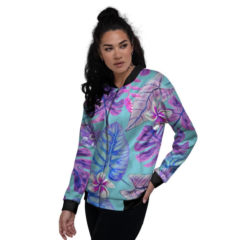 Tropical Leaf Teal And Purple Print Women's Bomber Jacket-grizzshop