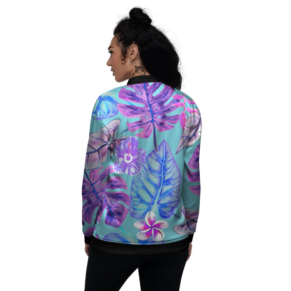 Tropical Leaf Teal And Purple Print Women's Bomber Jacket-grizzshop