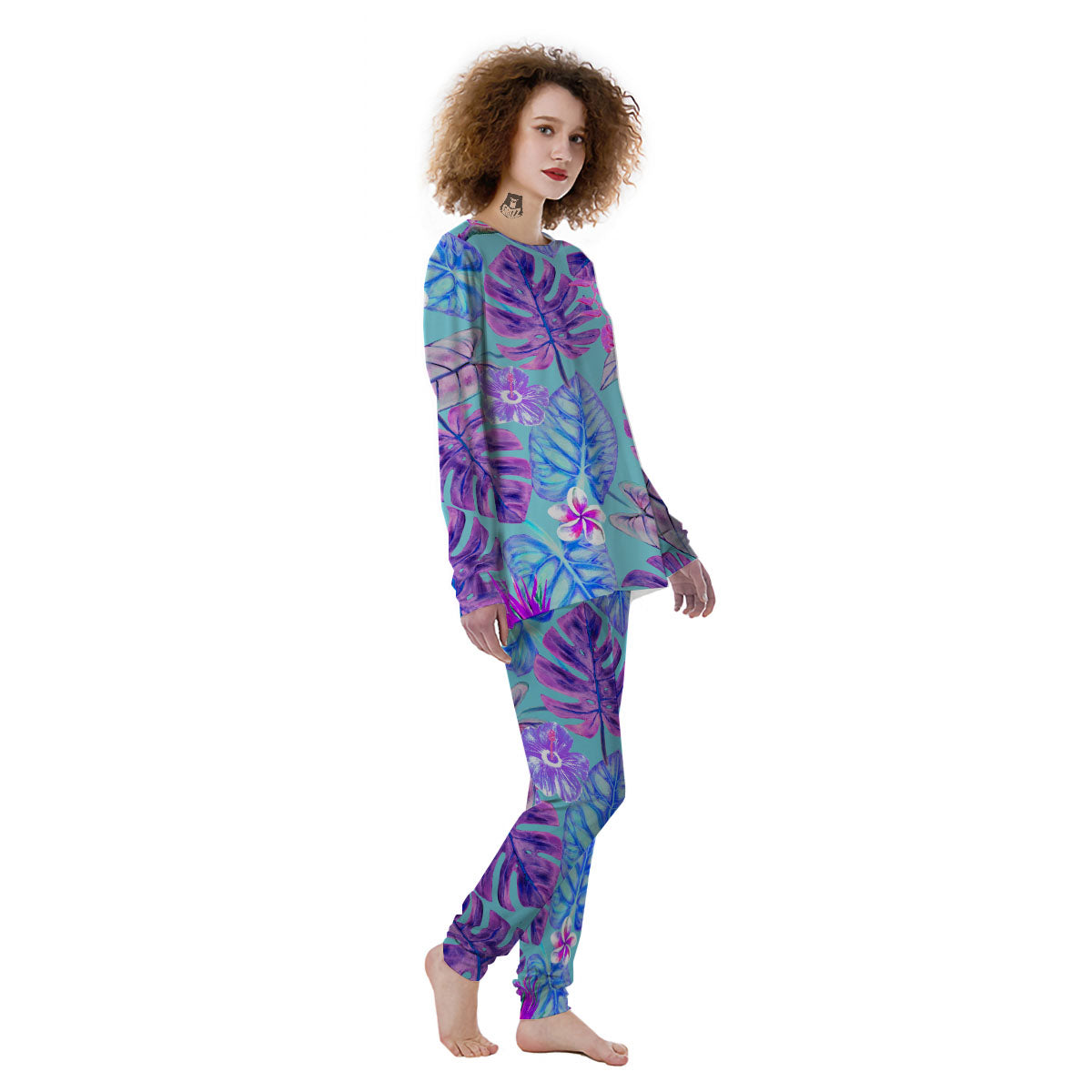 Tropical Leaf Teal And Purple Print Women's Pajamas-grizzshop