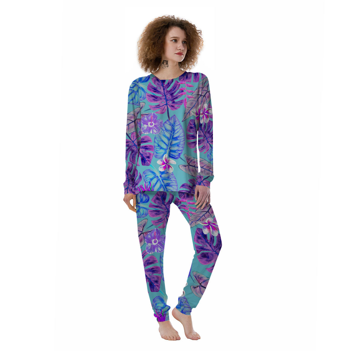 Tropical Leaf Teal And Purple Print Women's Pajamas-grizzshop