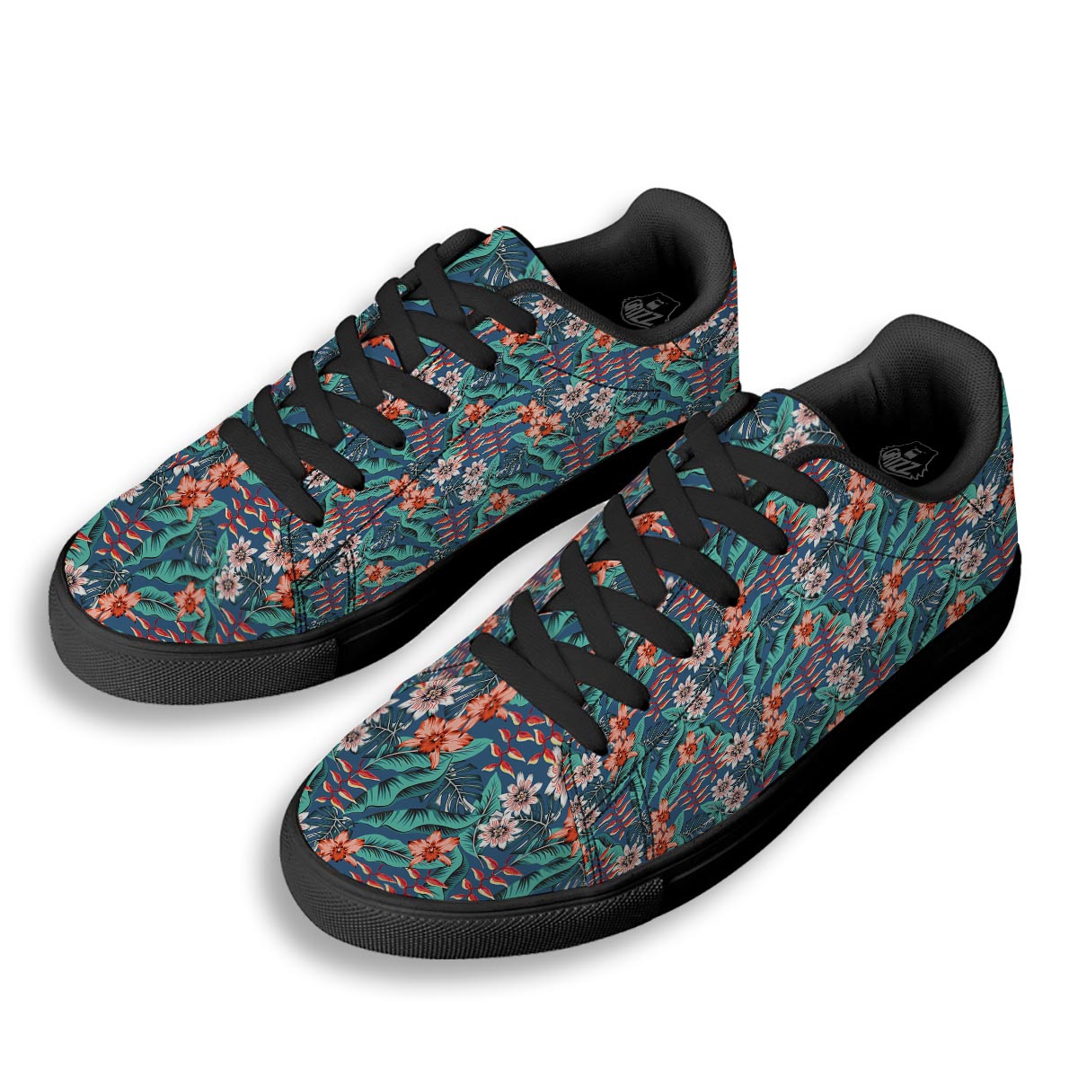 Tropical Leaf Teal Print Pattern Black Low Top Sneakers-grizzshop