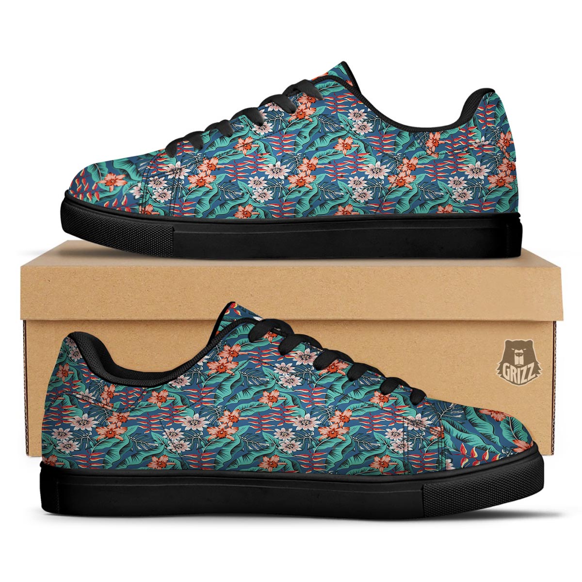 Tropical Leaf Teal Print Pattern Black Low Top Sneakers-grizzshop
