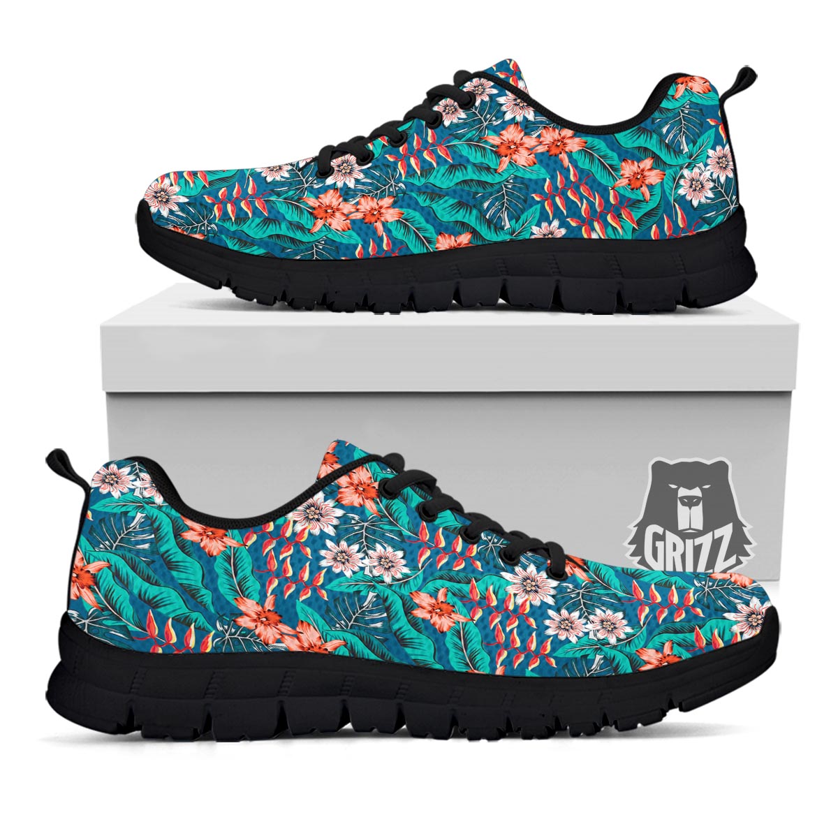 Tropical Leaf Teal Print Pattern Black Sneaker-grizzshop