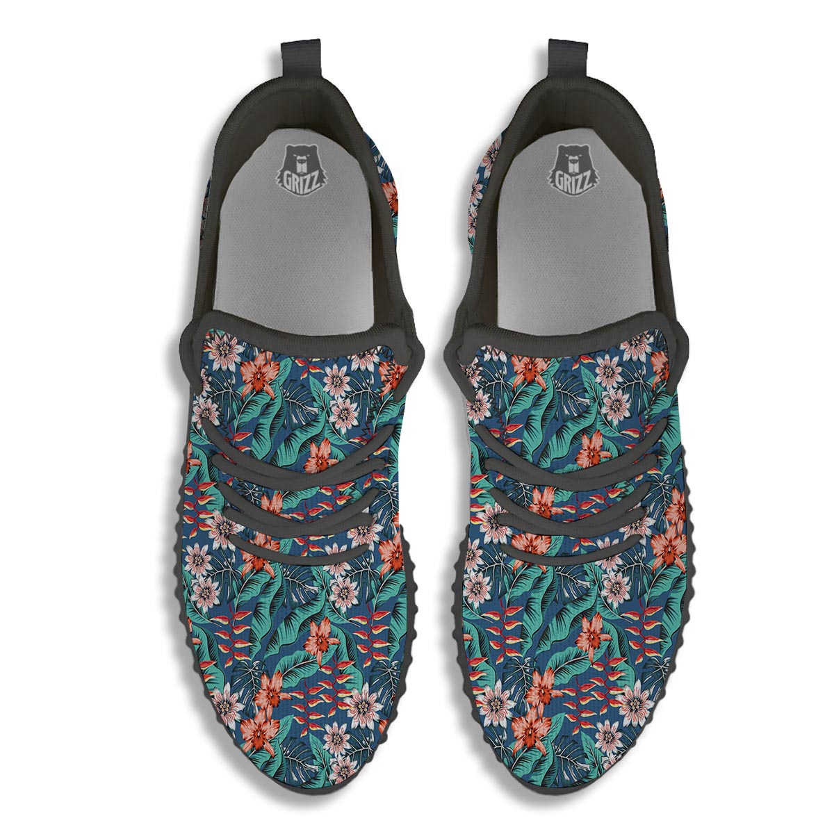 Tropical Leaf Teal Print Pattern Black Walking Shoes-grizzshop