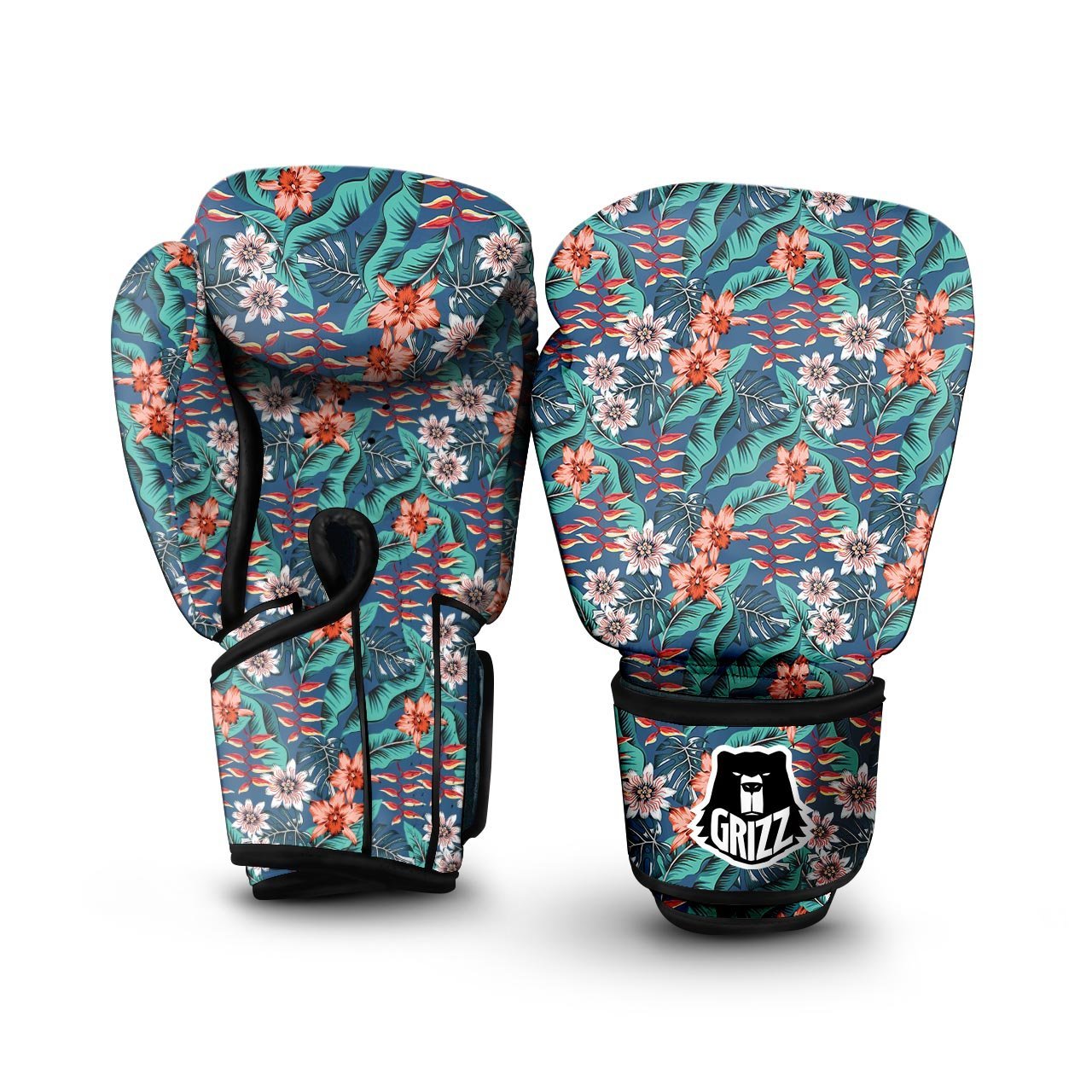 Tropical Leaf Teal Print Pattern Boxing Gloves-grizzshop