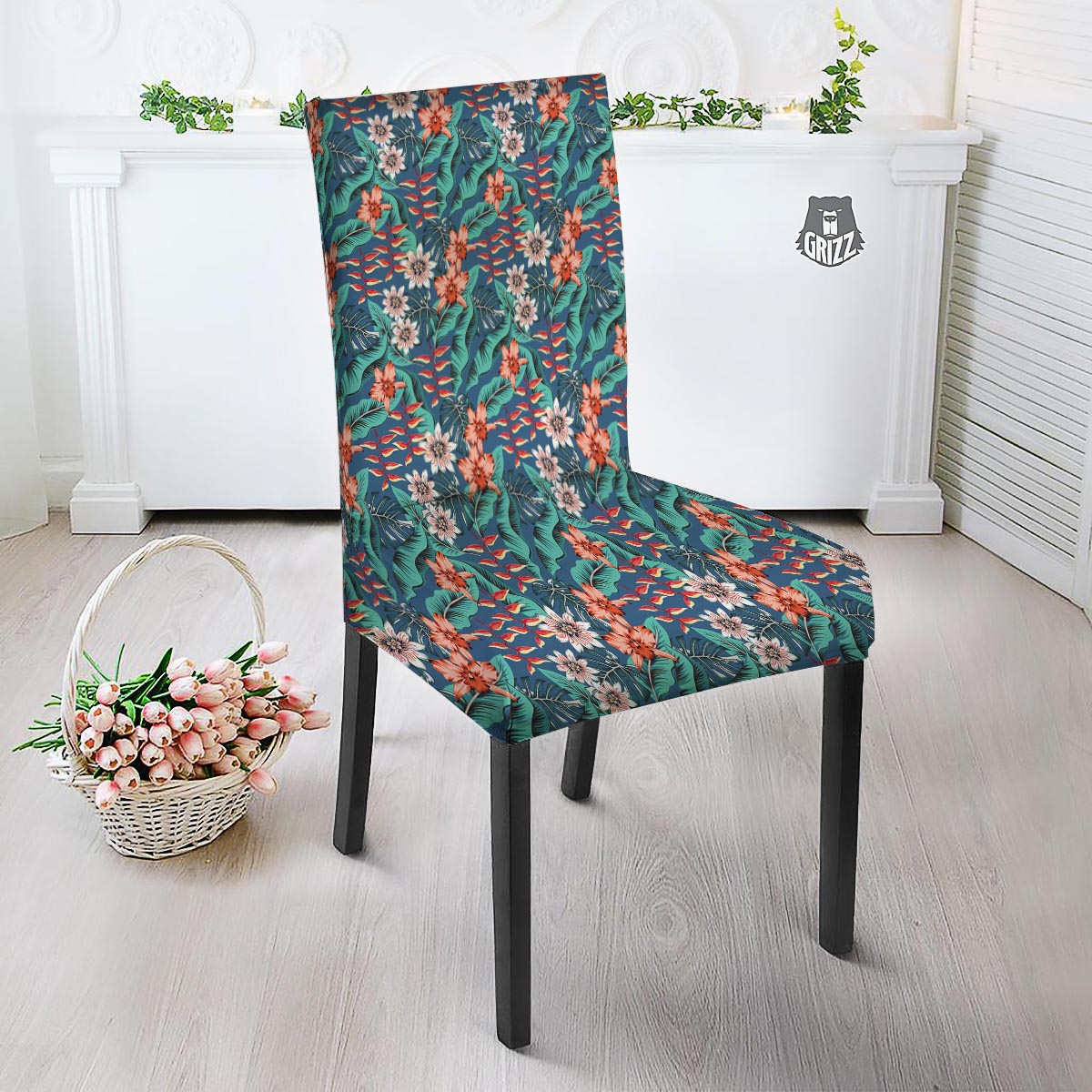 Tropical Leaf Teal Print Pattern Dining Chair Slipcover-grizzshop