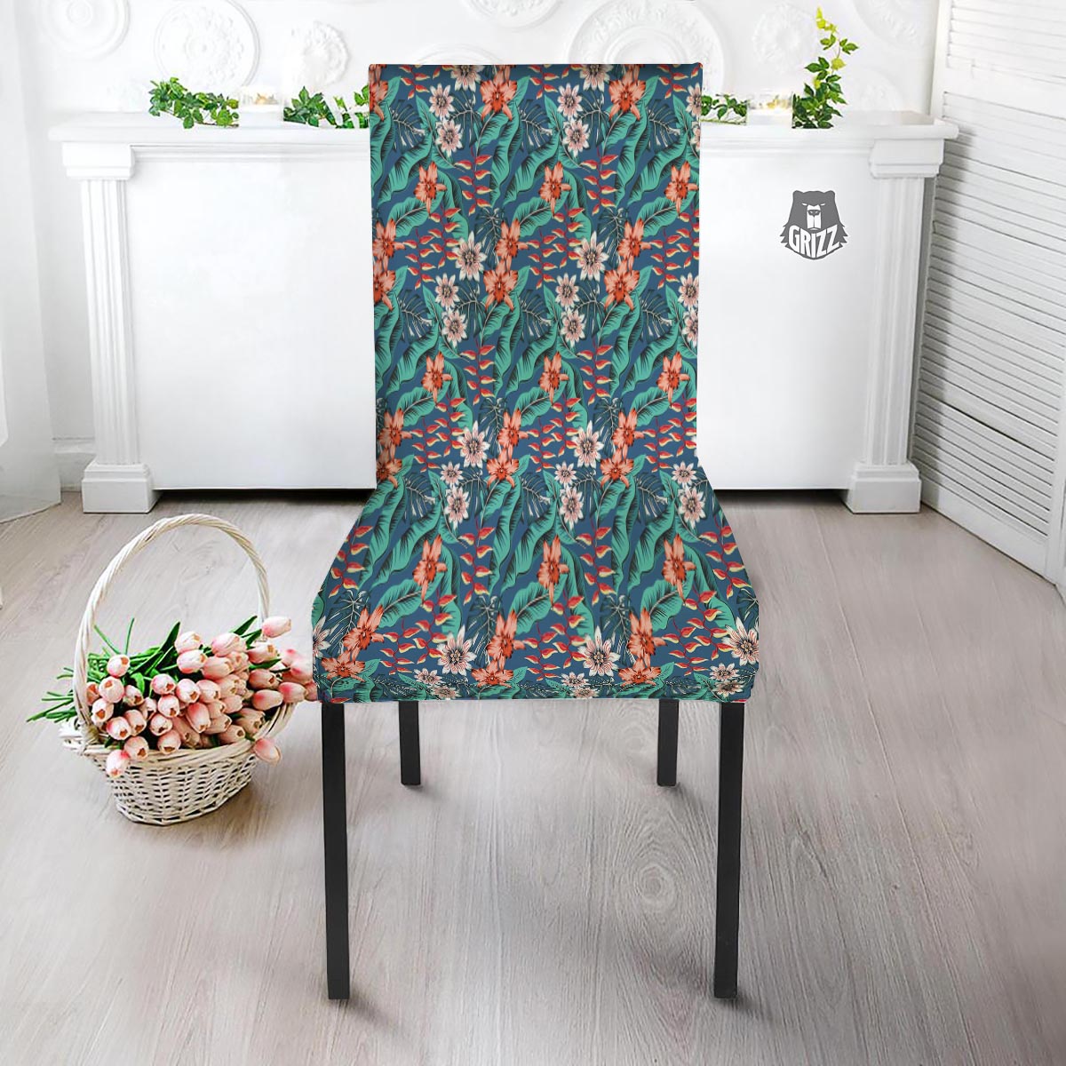 Tropical Leaf Teal Print Pattern Dining Chair Slipcover-grizzshop