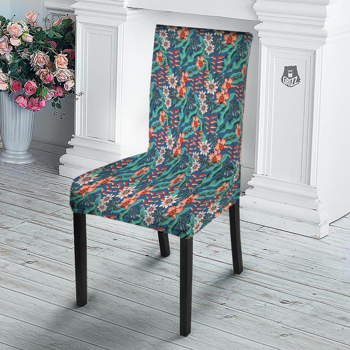 Tropical Leaf Teal Print Pattern Dining Chair Slipcover-grizzshop