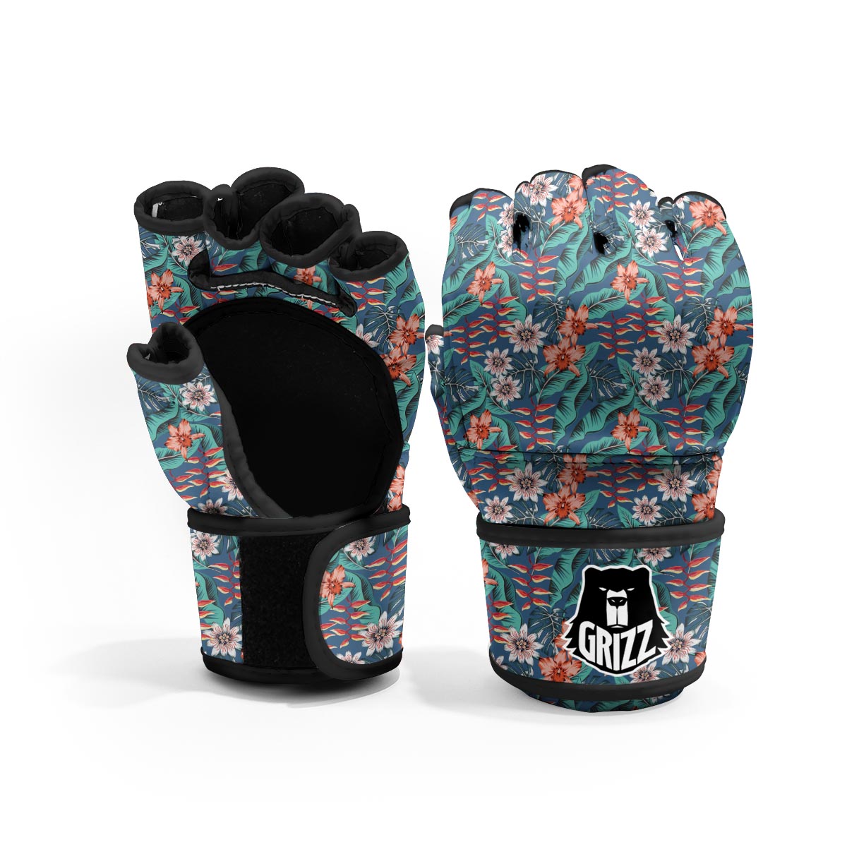 Tropical Leaf Teal Print Pattern MMA Gloves-grizzshop