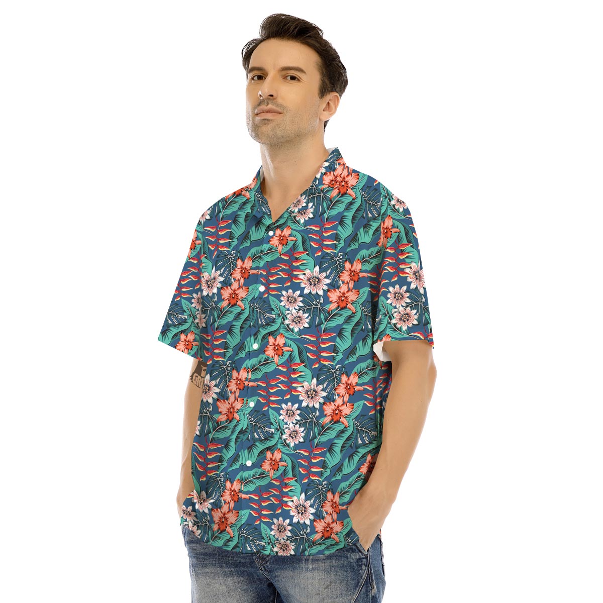 Tropical Leaf Teal Print Pattern Men's Hawaiian Shirt-grizzshop