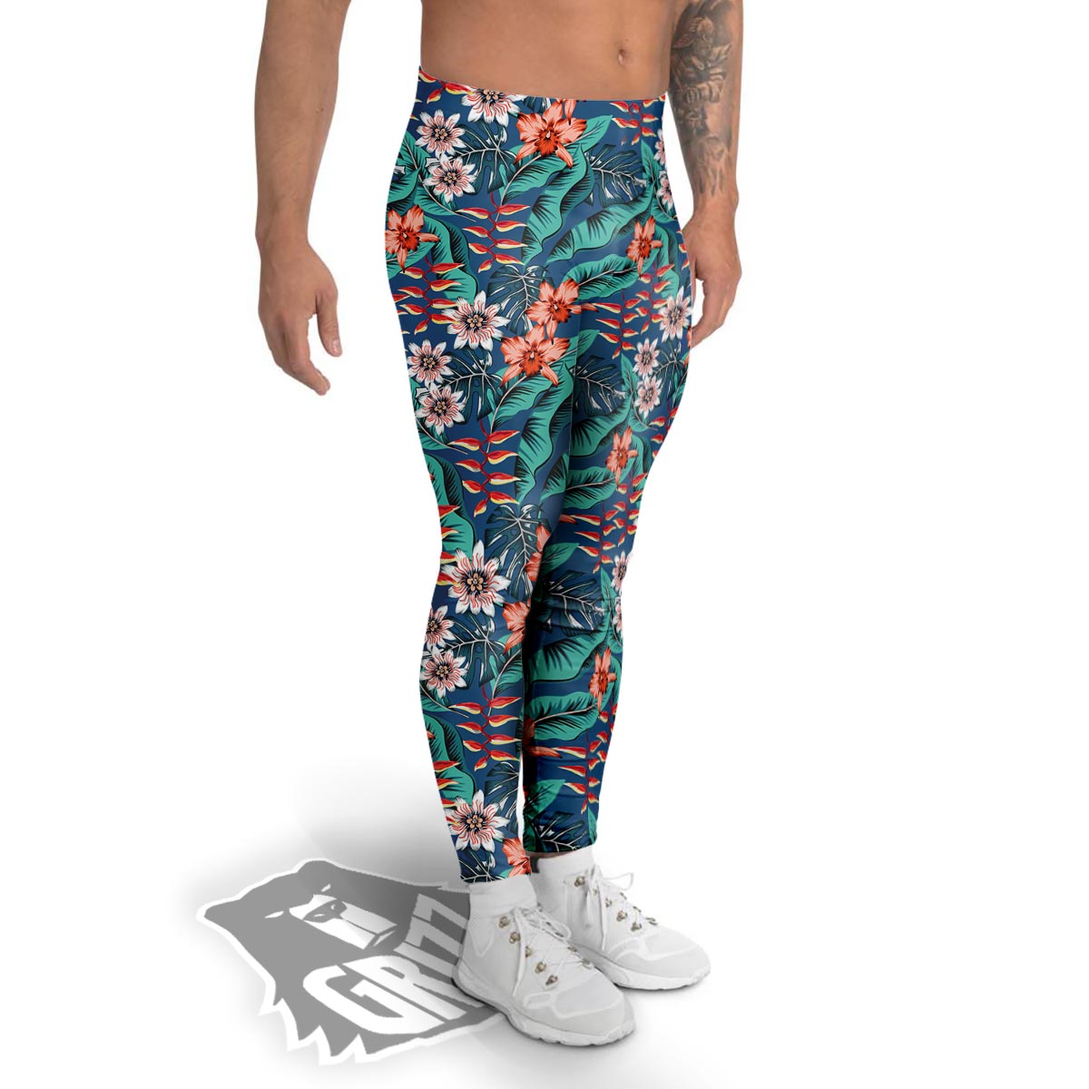 Tropical Leaf Teal Print Pattern Men's Leggings-grizzshop