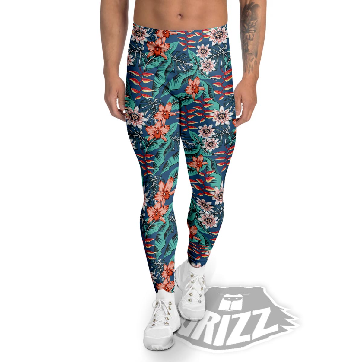 Tropical Leaf Teal Print Pattern Men's Leggings-grizzshop