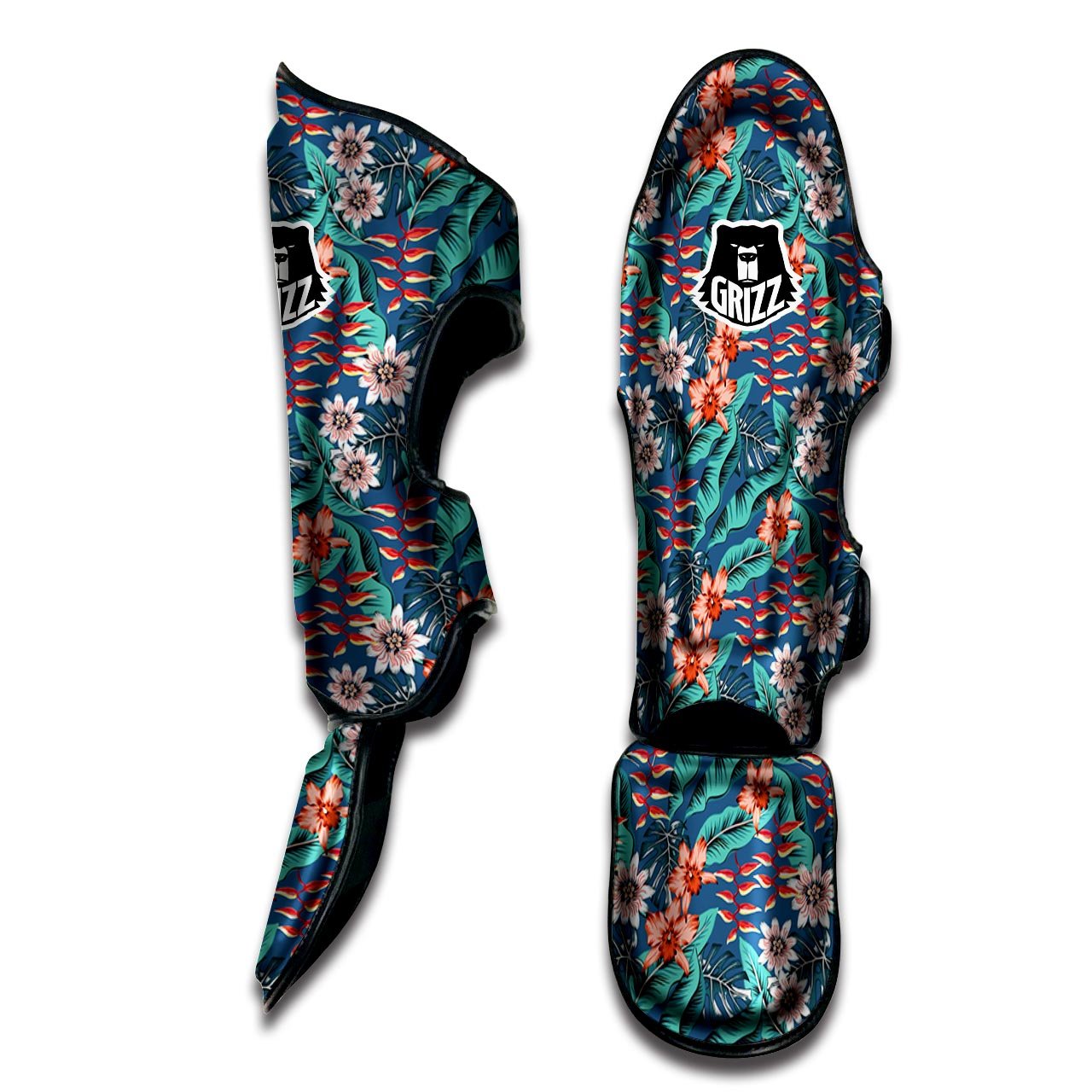 Tropical Leaf Teal Print Pattern Muay Thai Shin Guards-grizzshop