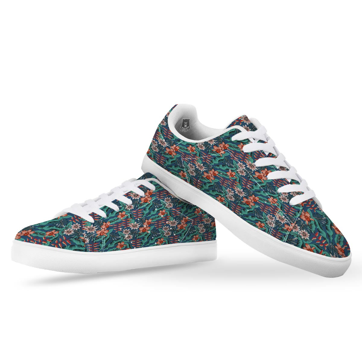 Tropical Leaf Teal Print Pattern White Low Top Sneakers-grizzshop