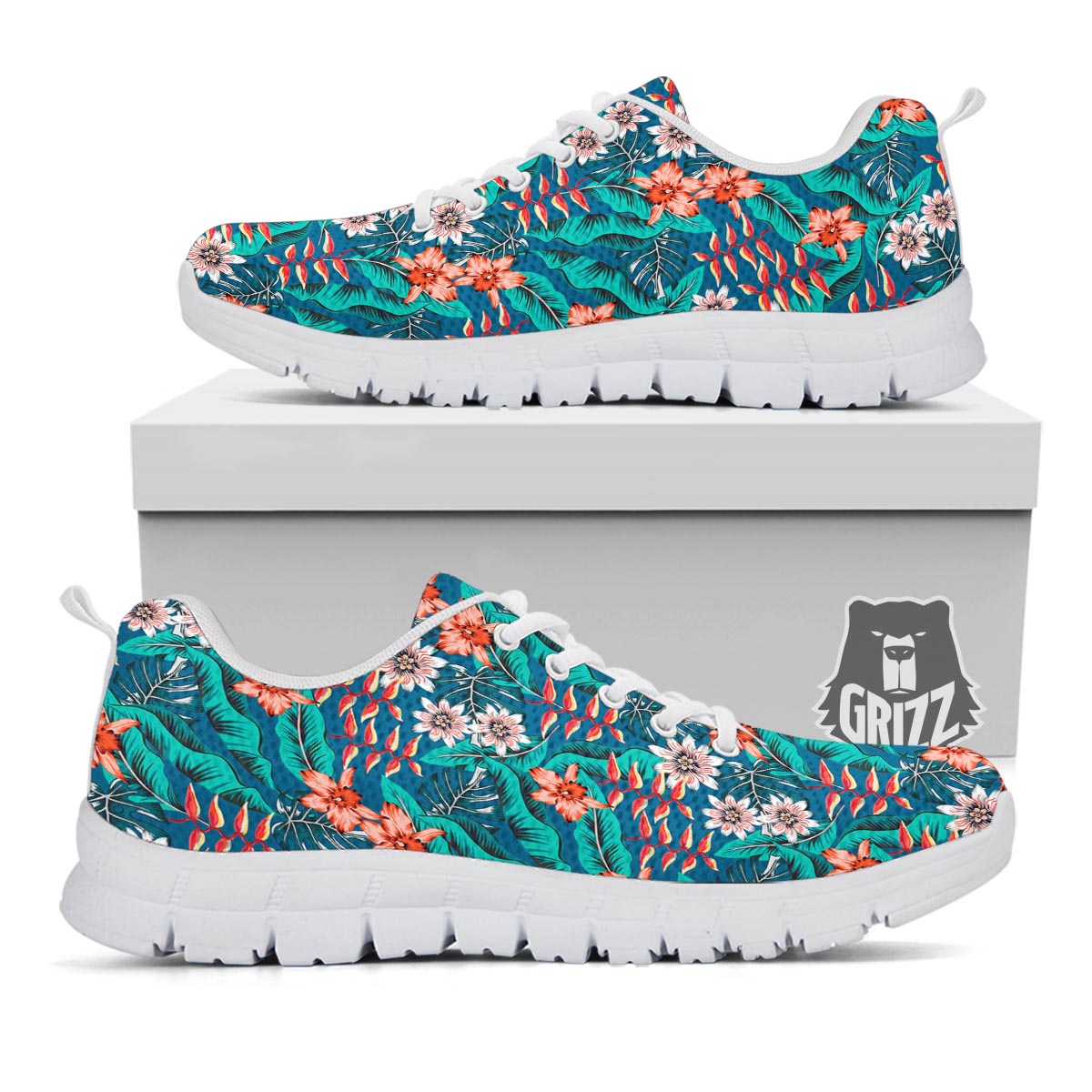 Tropical Leaf Teal Print Pattern White Sneaker-grizzshop