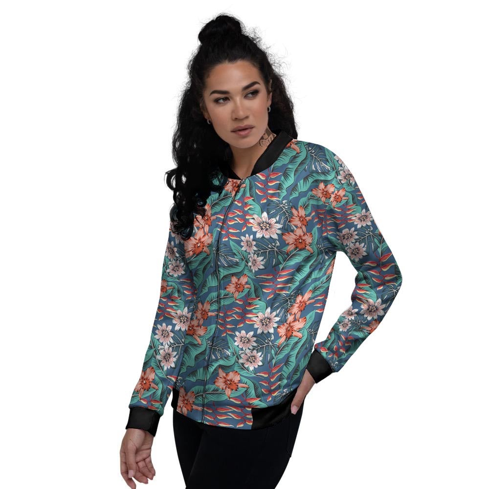 Tropical Leaf Teal Print Pattern Women's Bomber Jacket-grizzshop