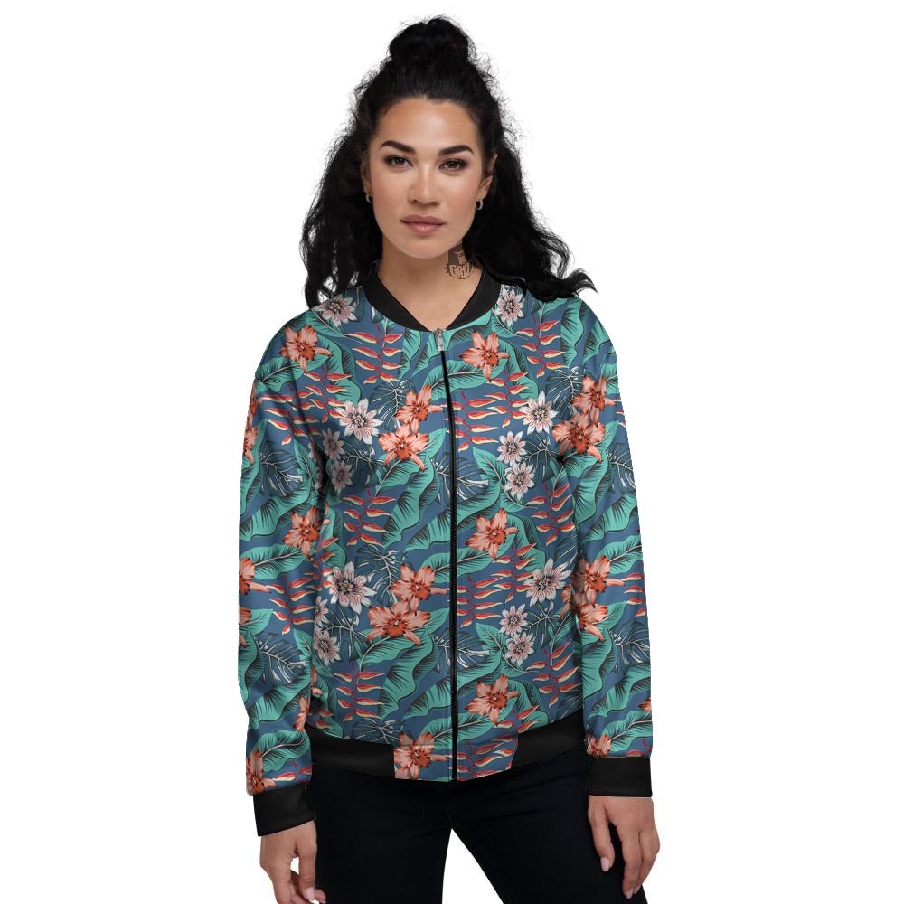 Tropical Leaf Teal Print Pattern Women's Bomber Jacket-grizzshop