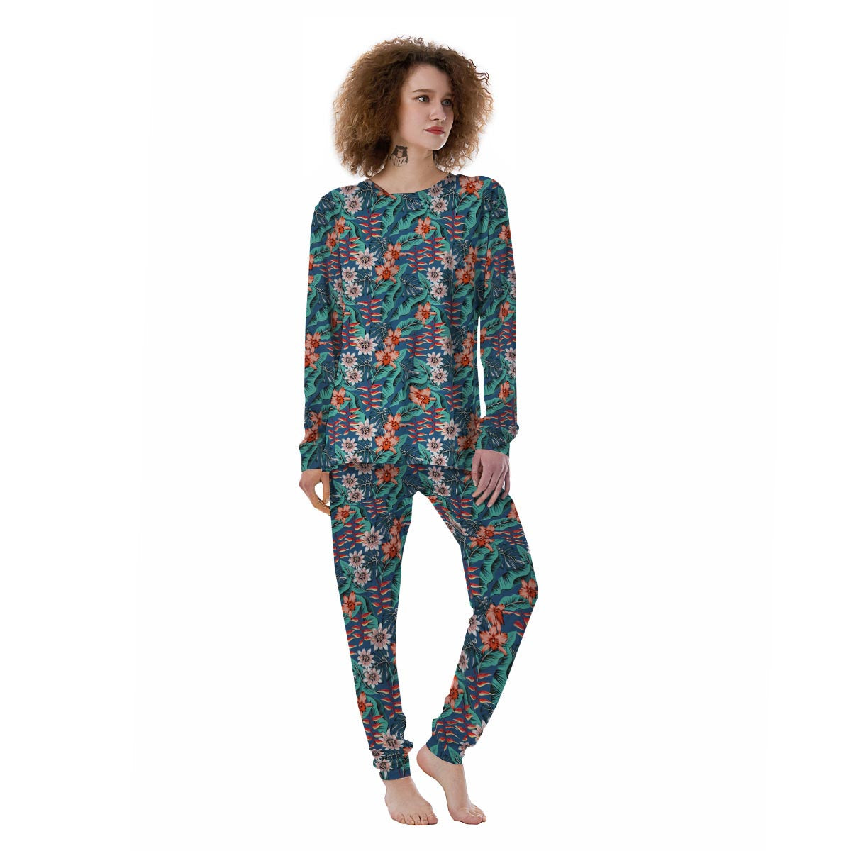 Tropical Leaf Teal Print Pattern Women's Pajamas-grizzshop