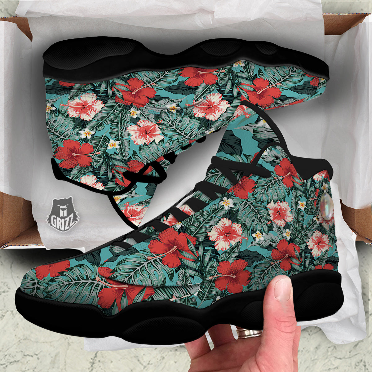 Tropical Leaf Turquoise Print Pattern Black Basketball Shoes-grizzshop