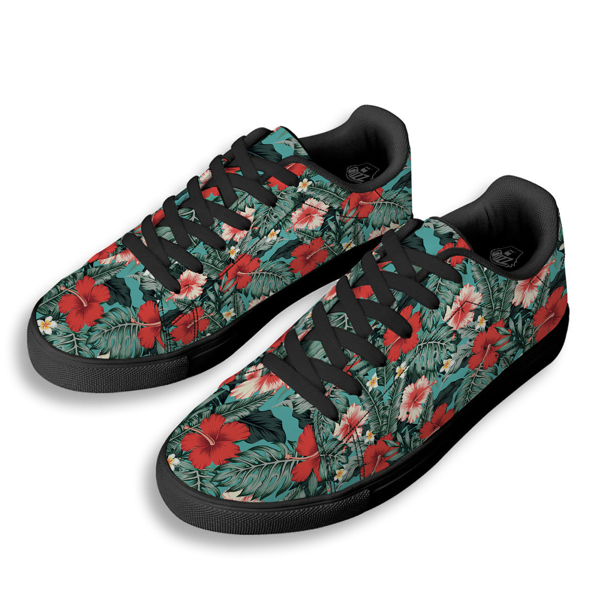 Tropical Leaf Turquoise Print Pattern Black Low Top Sneakers-grizzshop