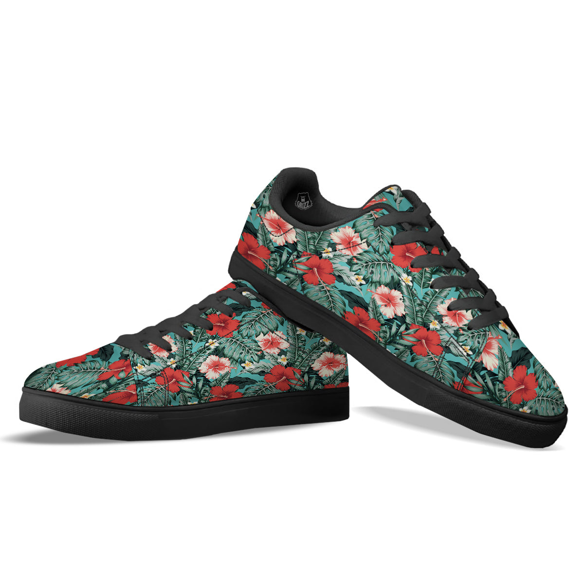 Tropical Leaf Turquoise Print Pattern Black Low Top Sneakers-grizzshop