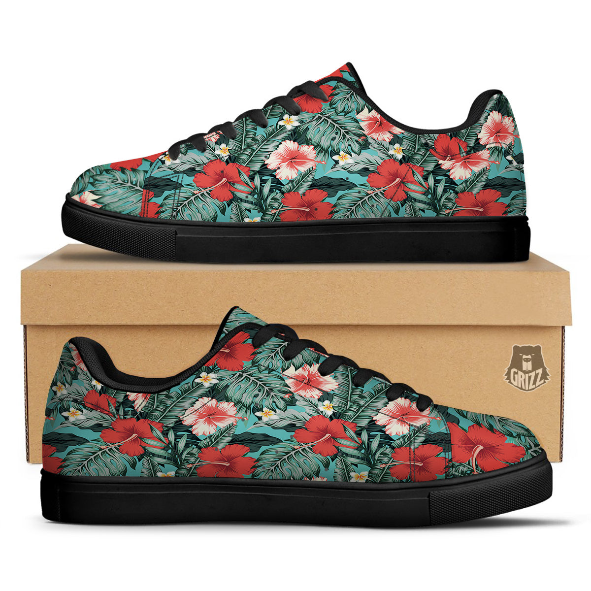 Tropical Leaf Turquoise Print Pattern Black Low Top Sneakers-grizzshop