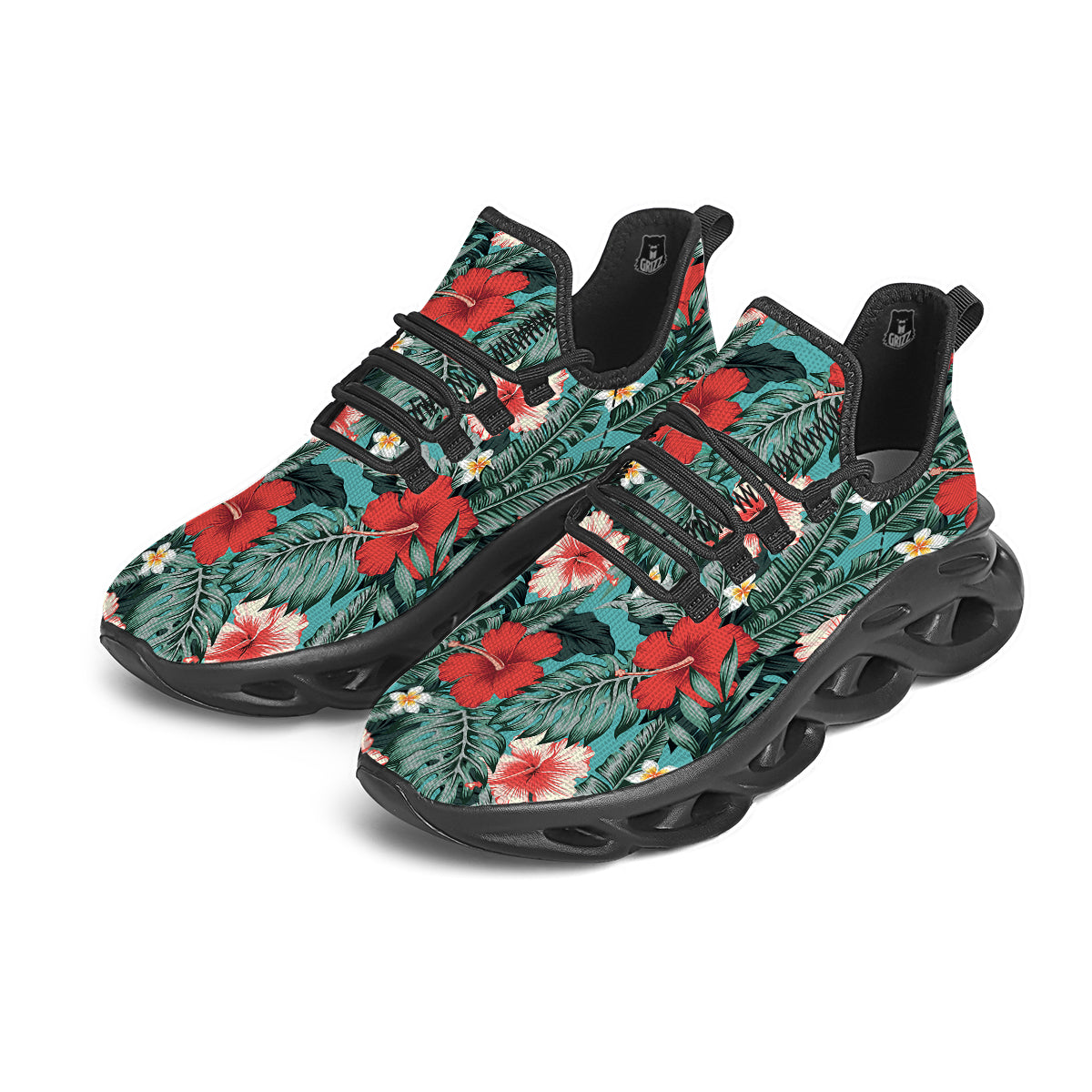 Tropical Leaf Turquoise Print Pattern Black Running Shoes-grizzshop