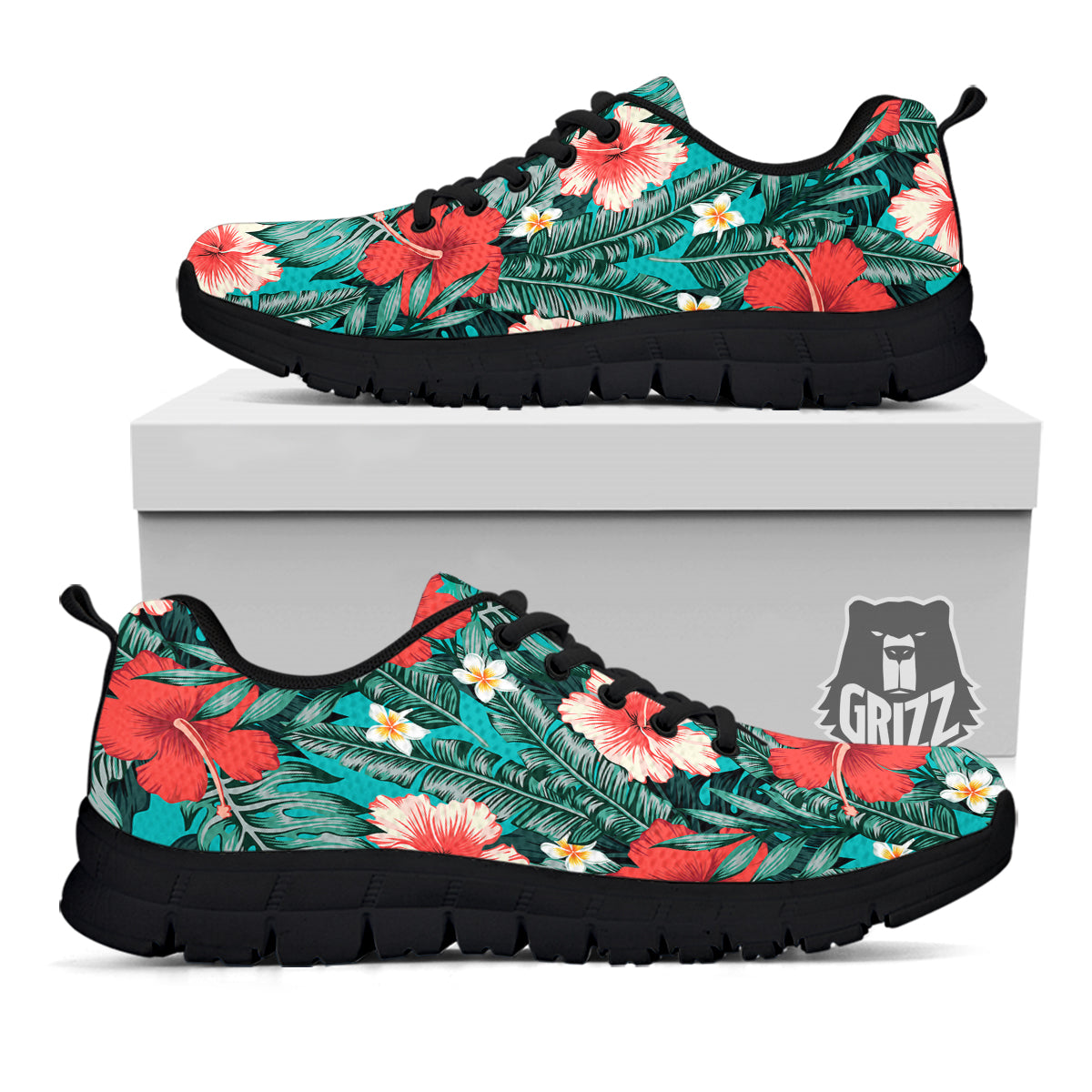 Tropical Leaf Turquoise Print Pattern Black Sneaker-grizzshop