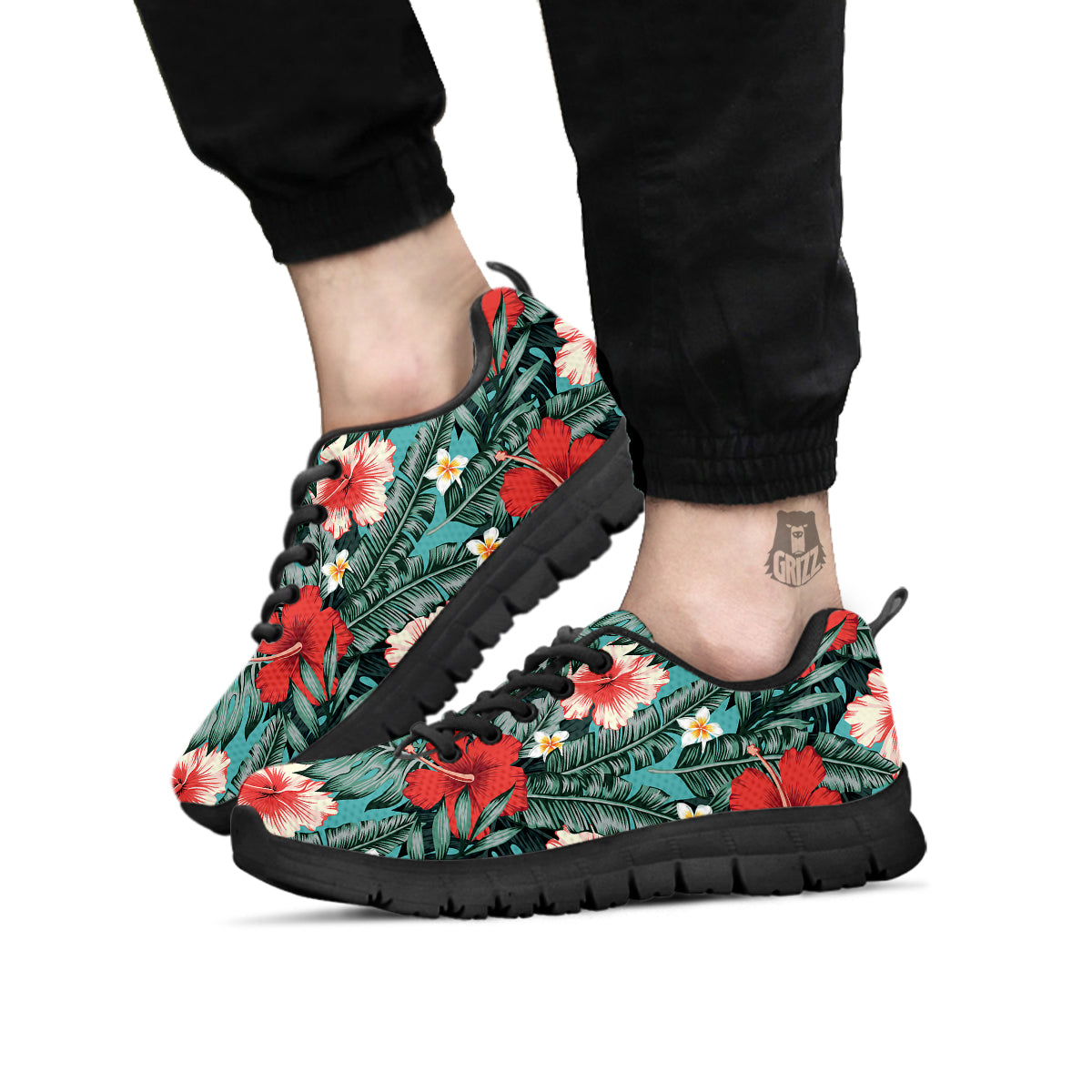 Tropical Leaf Turquoise Print Pattern Black Sneaker-grizzshop