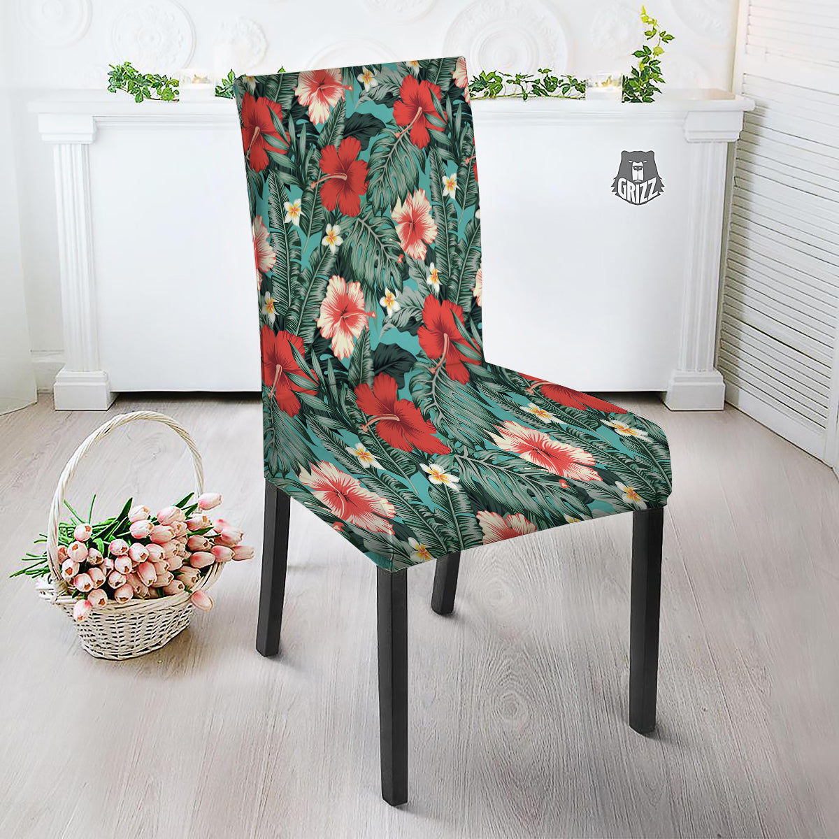 Tropical Leaf Turquoise Print Pattern Dining Chair Slipcover-grizzshop