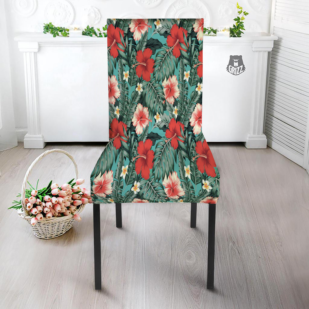 Tropical Leaf Turquoise Print Pattern Dining Chair Slipcover-grizzshop