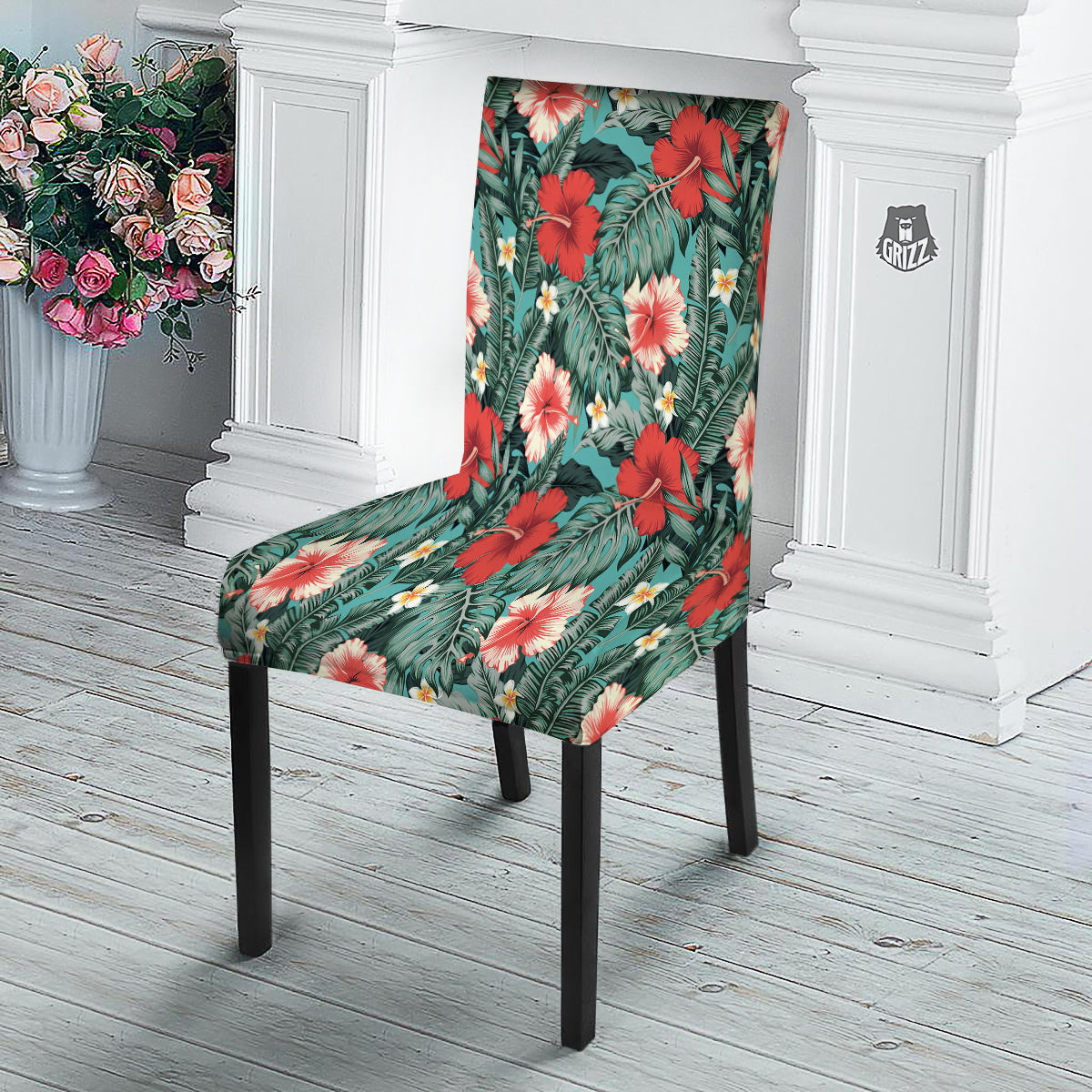 Tropical Leaf Turquoise Print Pattern Dining Chair Slipcover-grizzshop