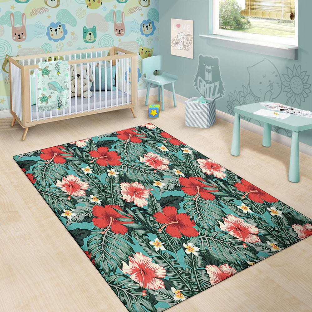 Tropical Leaf Turquoise Print Pattern Floor Mat-grizzshop