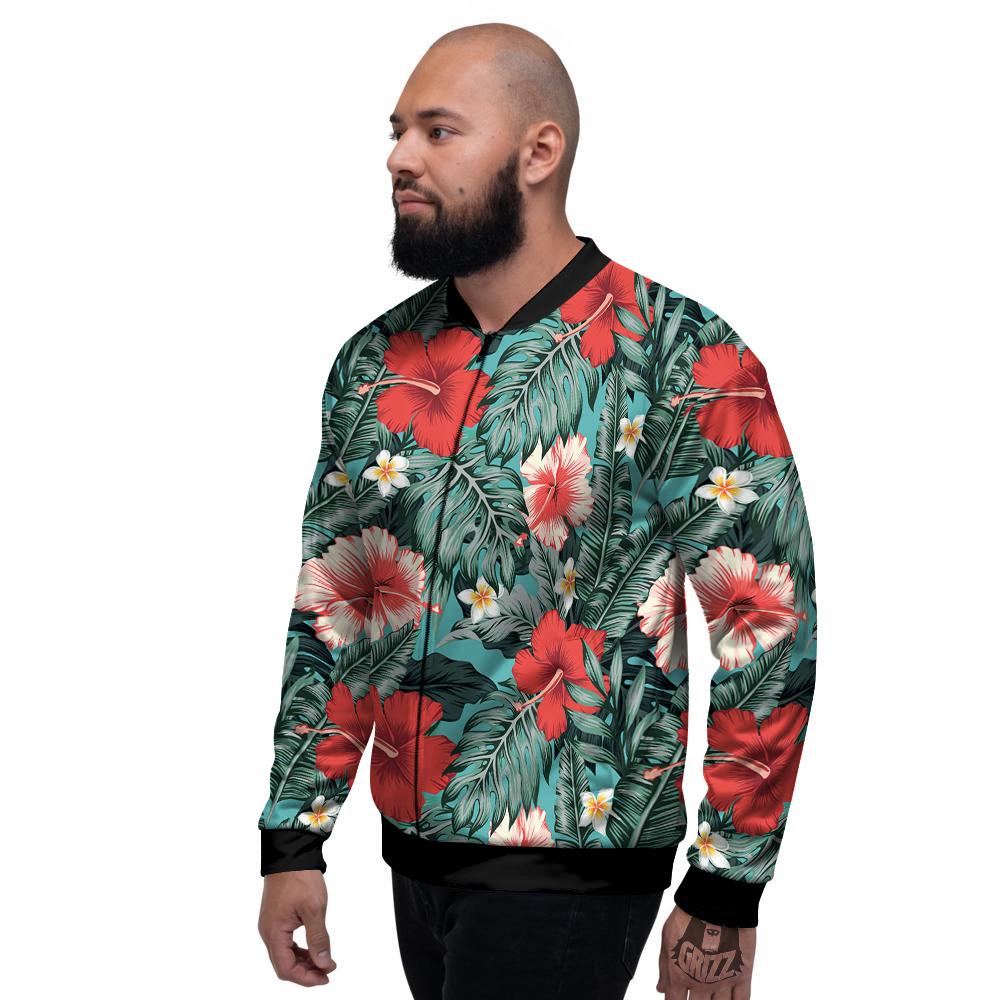 Tropical Leaf Turquoise Print Pattern Men's Bomber Jacket-grizzshop