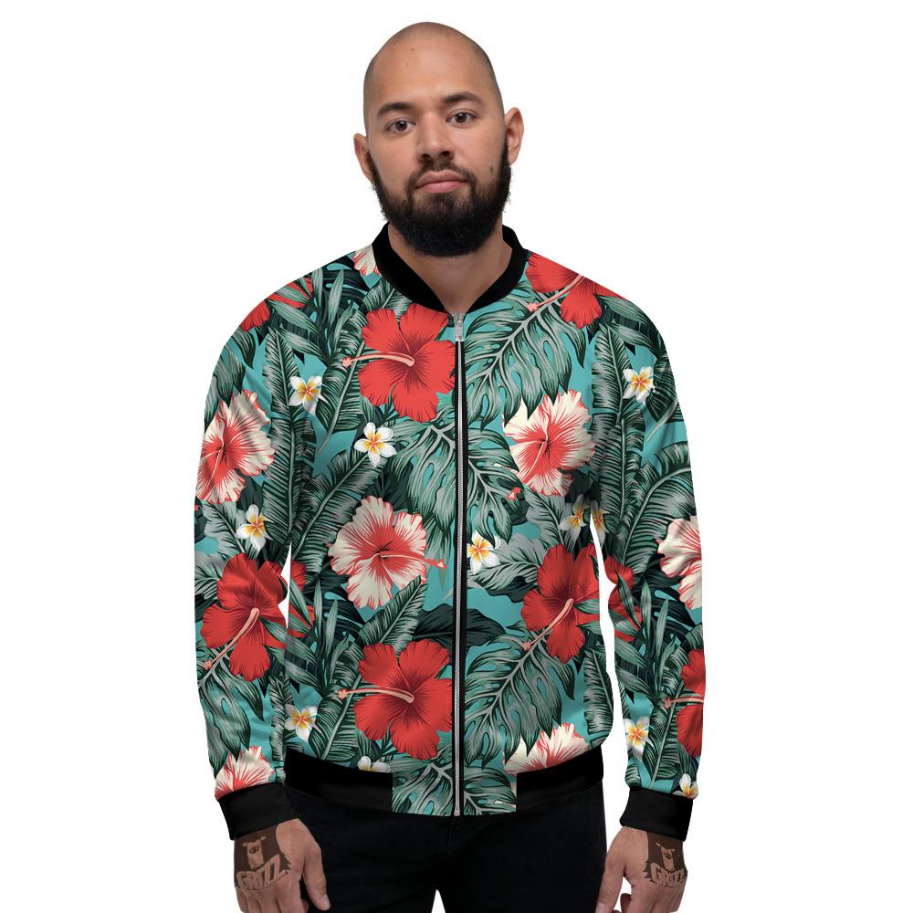 Tropical Leaf Turquoise Print Pattern Men's Bomber Jacket-grizzshop