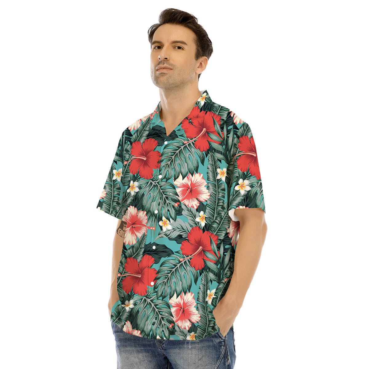 Tropical Leaf Turquoise Print Pattern Men's Hawaiian Shirt-grizzshop