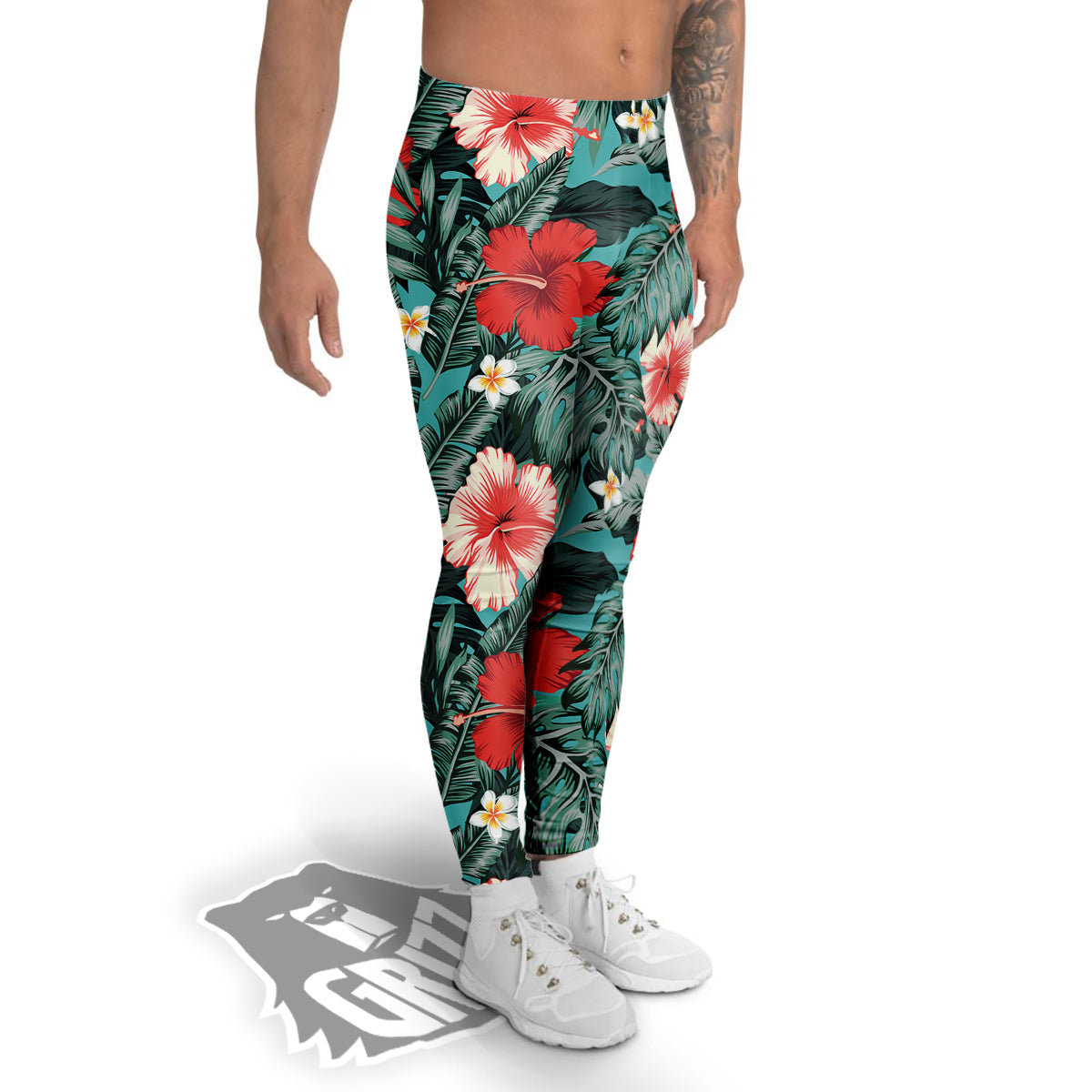 Tropical Leaf Turquoise Print Pattern Men's Leggings-grizzshop