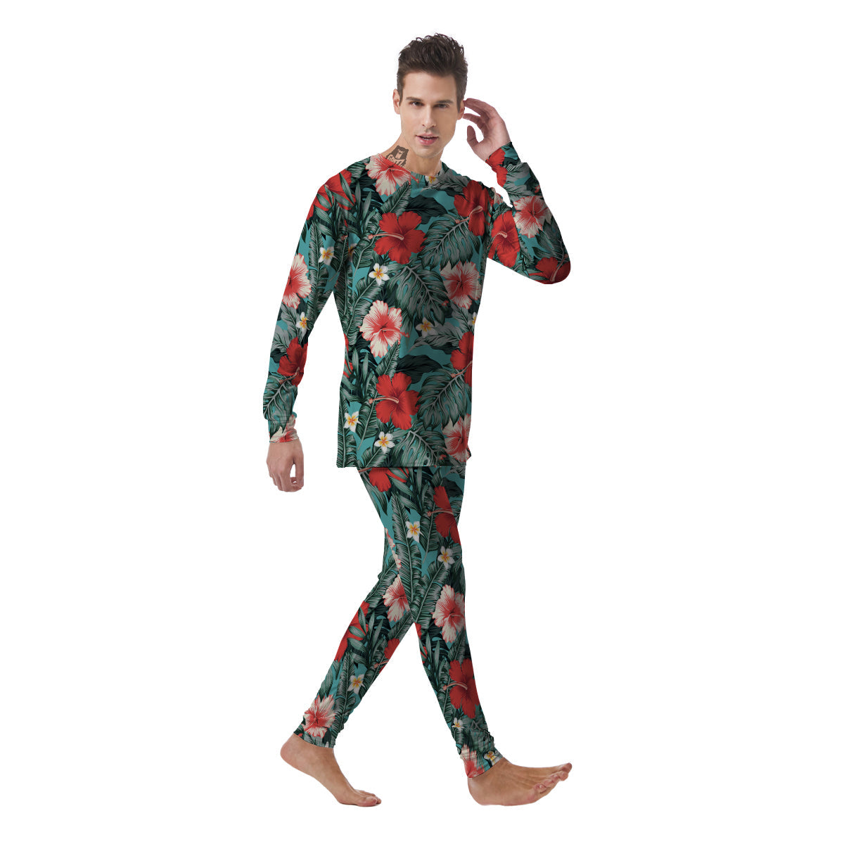 Tropical Leaf Turquoise Print Pattern Men's Pajamas-grizzshop