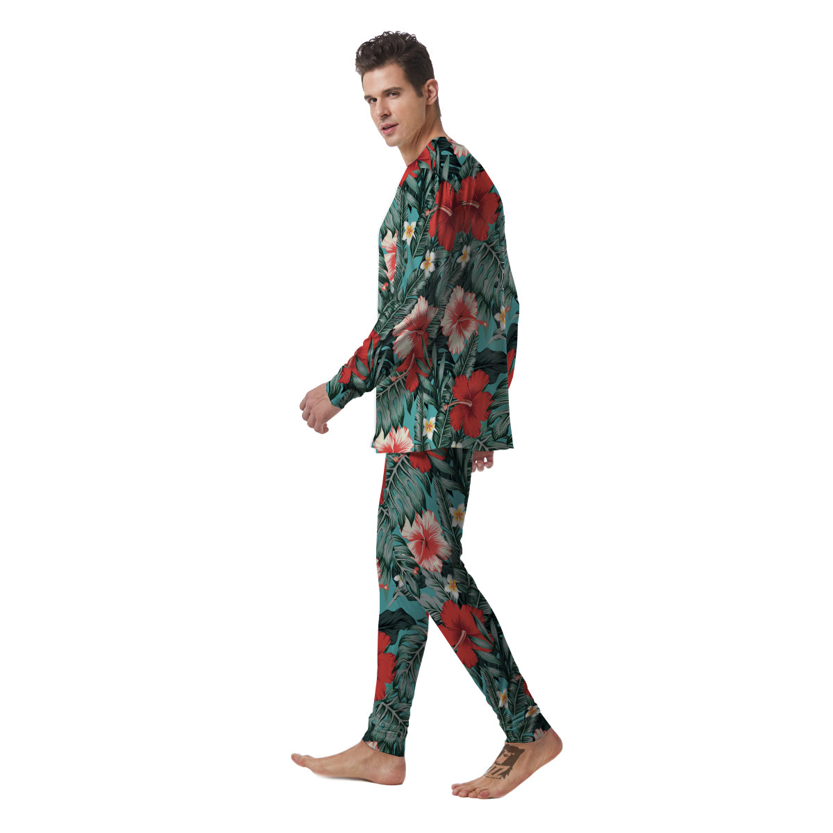 Tropical Leaf Turquoise Print Pattern Men's Pajamas-grizzshop