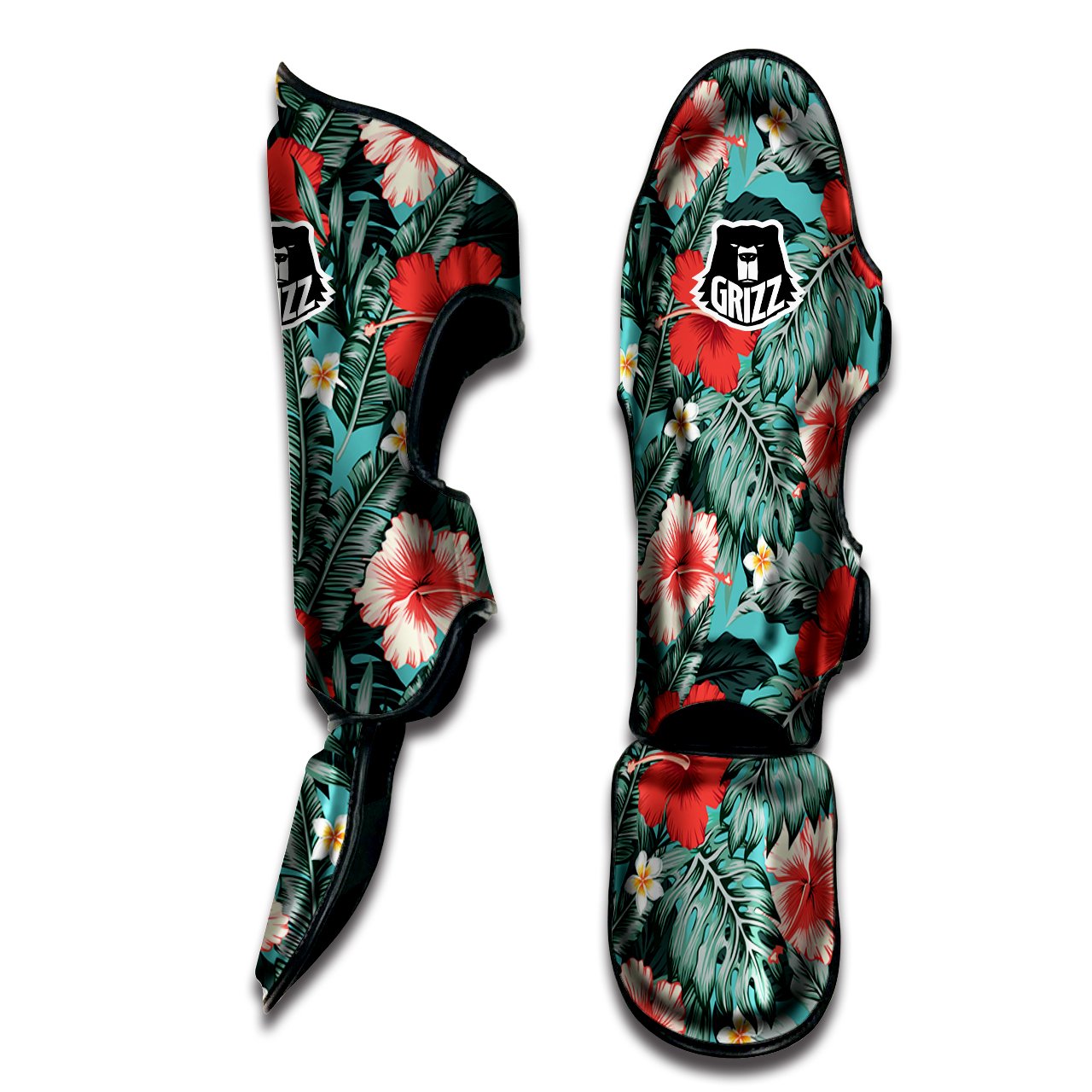 Tropical Leaf Turquoise Print Pattern Muay Thai Shin Guards-grizzshop