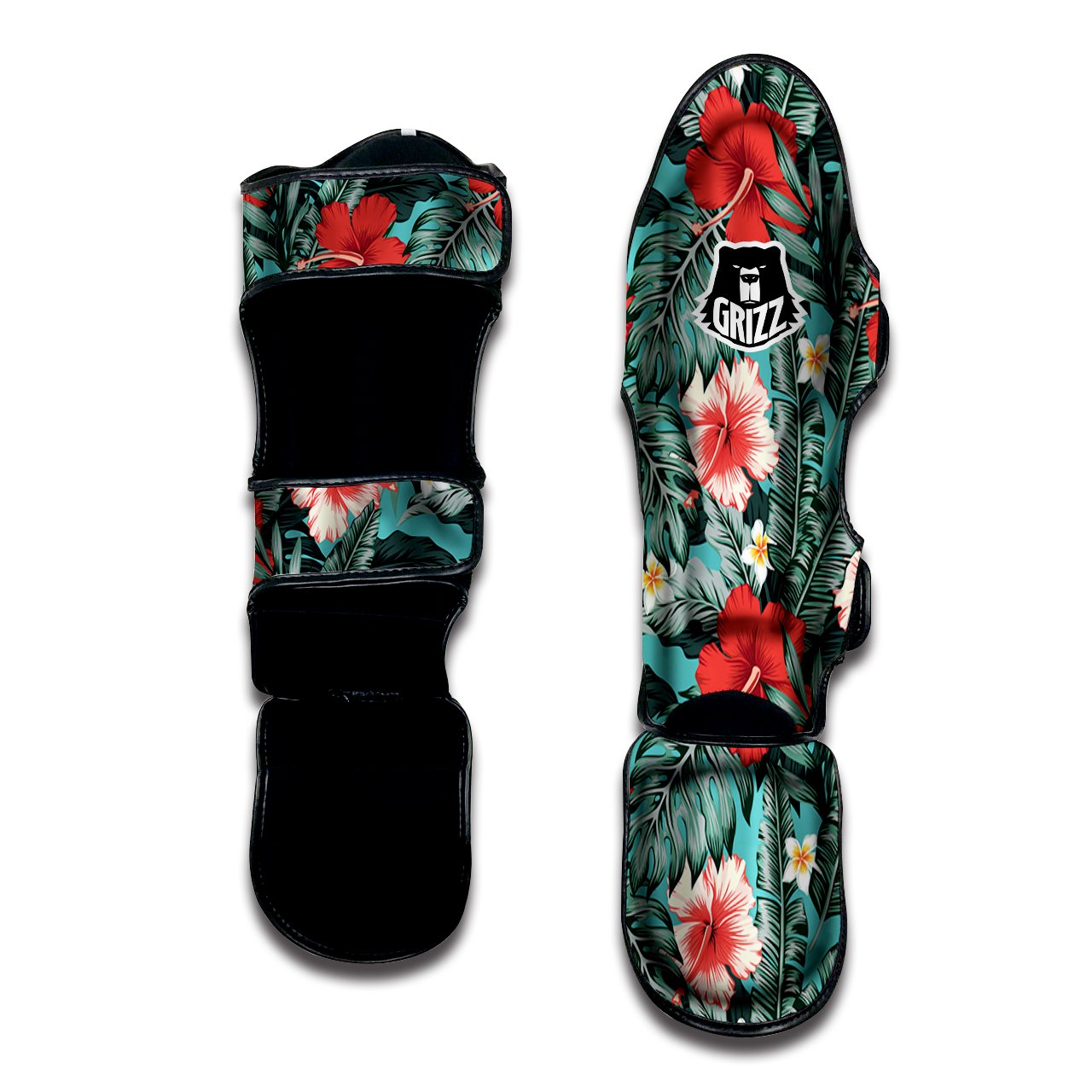 Tropical Leaf Turquoise Print Pattern Muay Thai Shin Guards-grizzshop