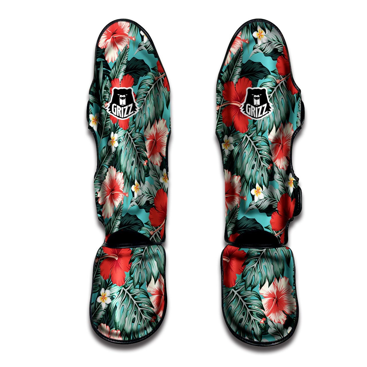 Tropical Leaf Turquoise Print Pattern Muay Thai Shin Guards-grizzshop